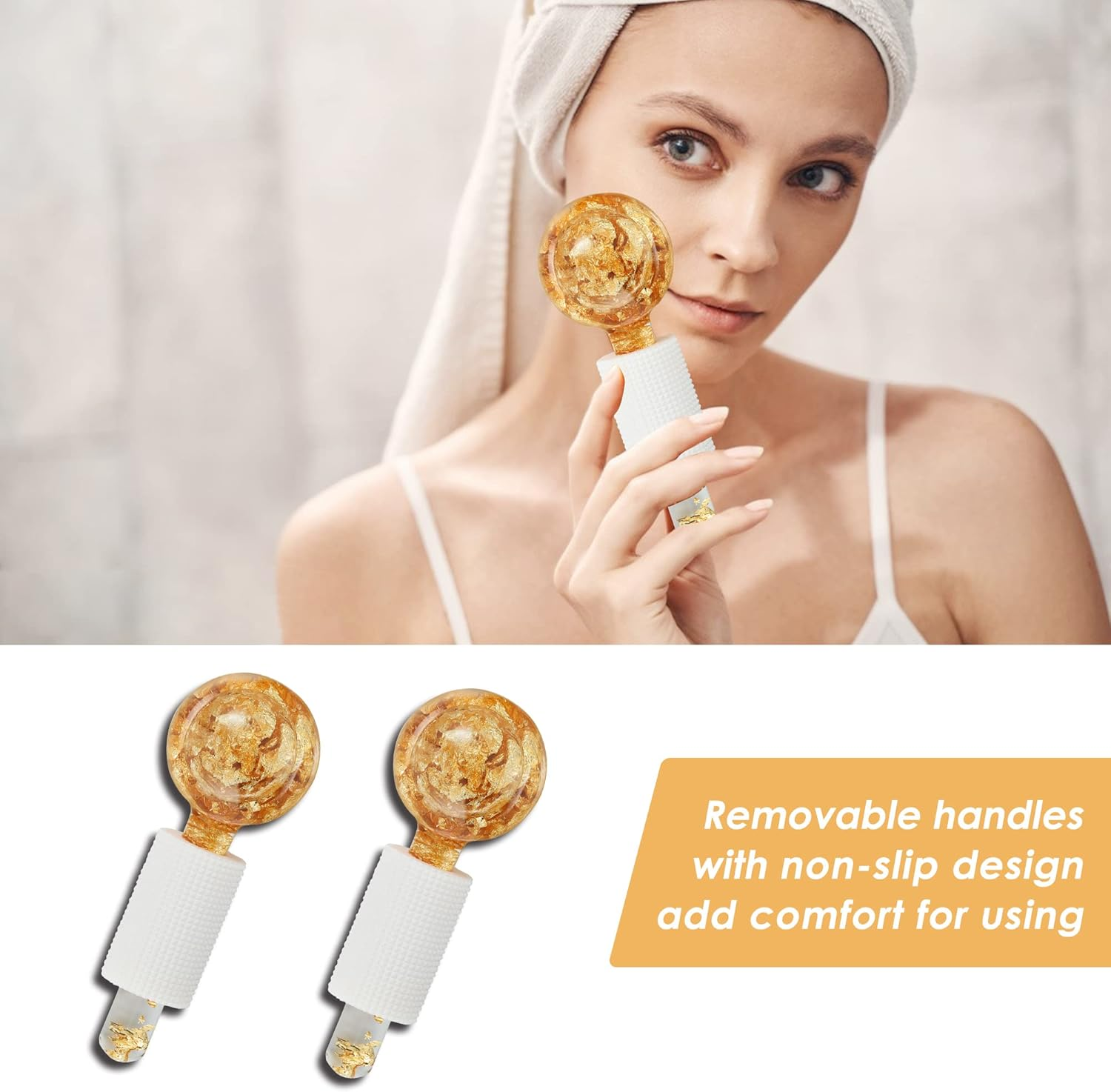 Lazzybeauty Ice Globes for Facial, Cooling Globes Set for Eye & Neck, Cold Glass Ice Roller Ball, Cryo Sticks Face Globes, Tighten Skin, Reduce Puffiness and Dark Circles, Enhance Circulation, Gold image number 1