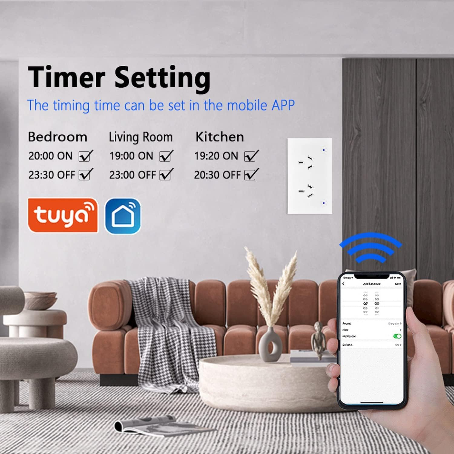 Smart Wall Socket 16A, Wifi Wall Outlet 2AC Individual Controls, Smart Plug Smart Power Point GPO, Voice Control Compatible with Alexa & Google Assistant, Timer Schedule, Overload Protection(1 Pack) image number 4