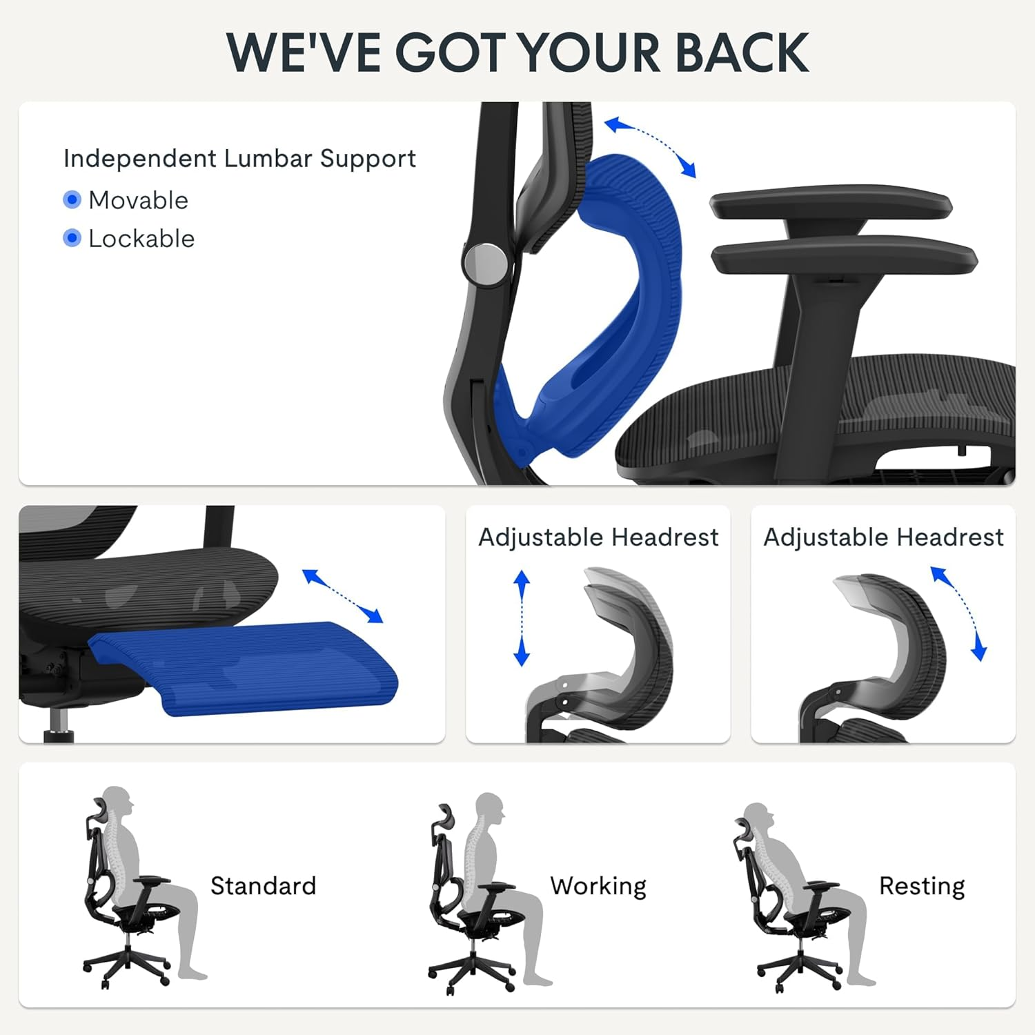 FLEXISPOT C7 Ergonomic Office Chair Adjustable Height Swivel Seat Headrest Armrests Lumbar Support Smooth Caster Wheels Black Mesh Seat with Footrest Ideal for Computer Office Desk Use image number 4