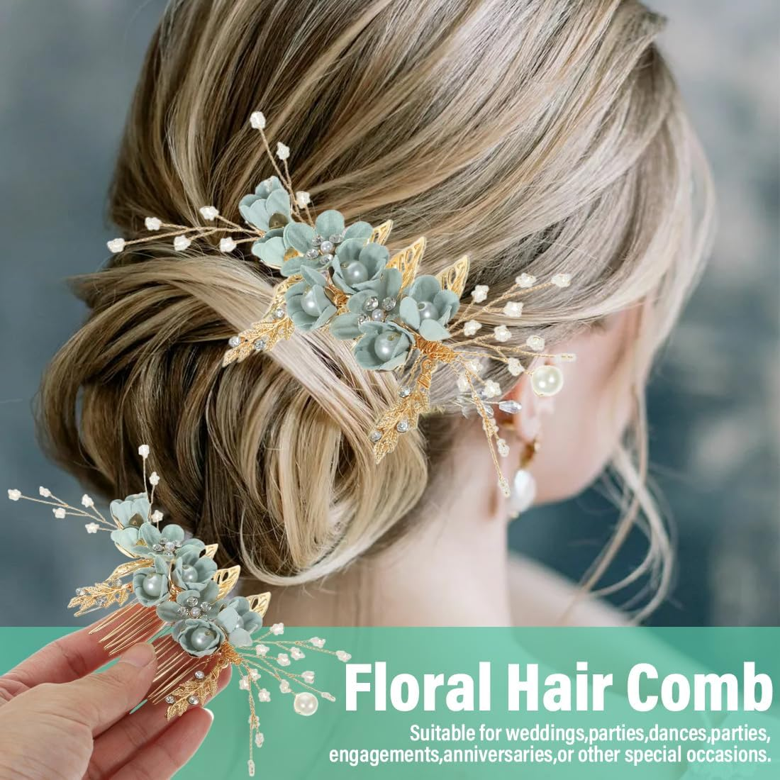 MIRKUZI Hair Combs 1 Piece Green Hair Comb Clip Green Hair Accessories Wedding Bridal Hair Comb with Flowers and Crystals Elegant Headpiece for Brides and Special Occasions image number 1
