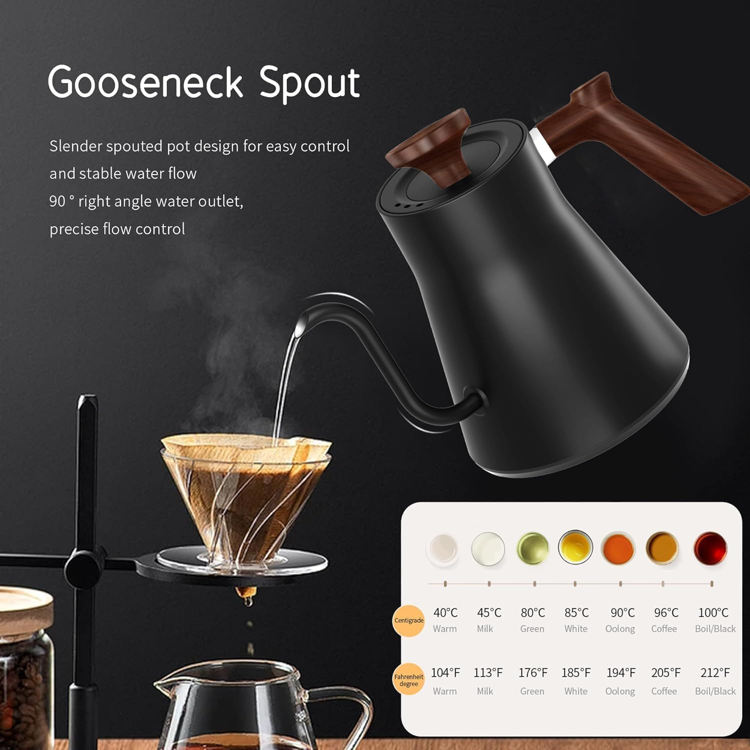 Electric Gooseneck Kettle with LCD Display, Real-Time Temp Control Hot Water Boiler to Pour over Coffee, Milk, Tea, Switchable ℉/℃, 1200 Watt Quick Heating Pot, 0.9L, 304 Stainless Steel image number 4
