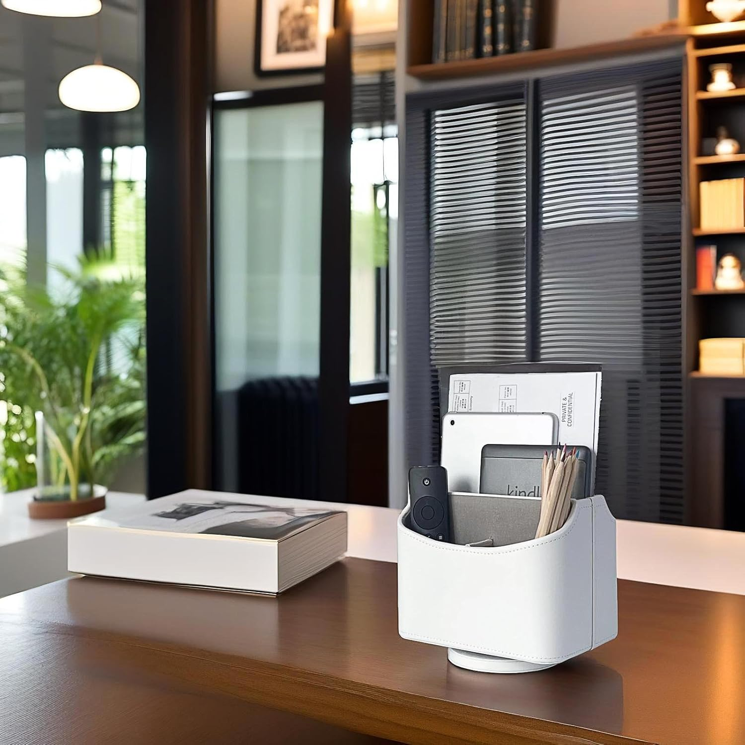 Unionbasic Rotating Desk Organizer, 360 Degree Desk Spinning Caddy, Desktop TV Guide/Mail/Media/Remote Controller Holder Organizer (White) - Crocodile White image number 2