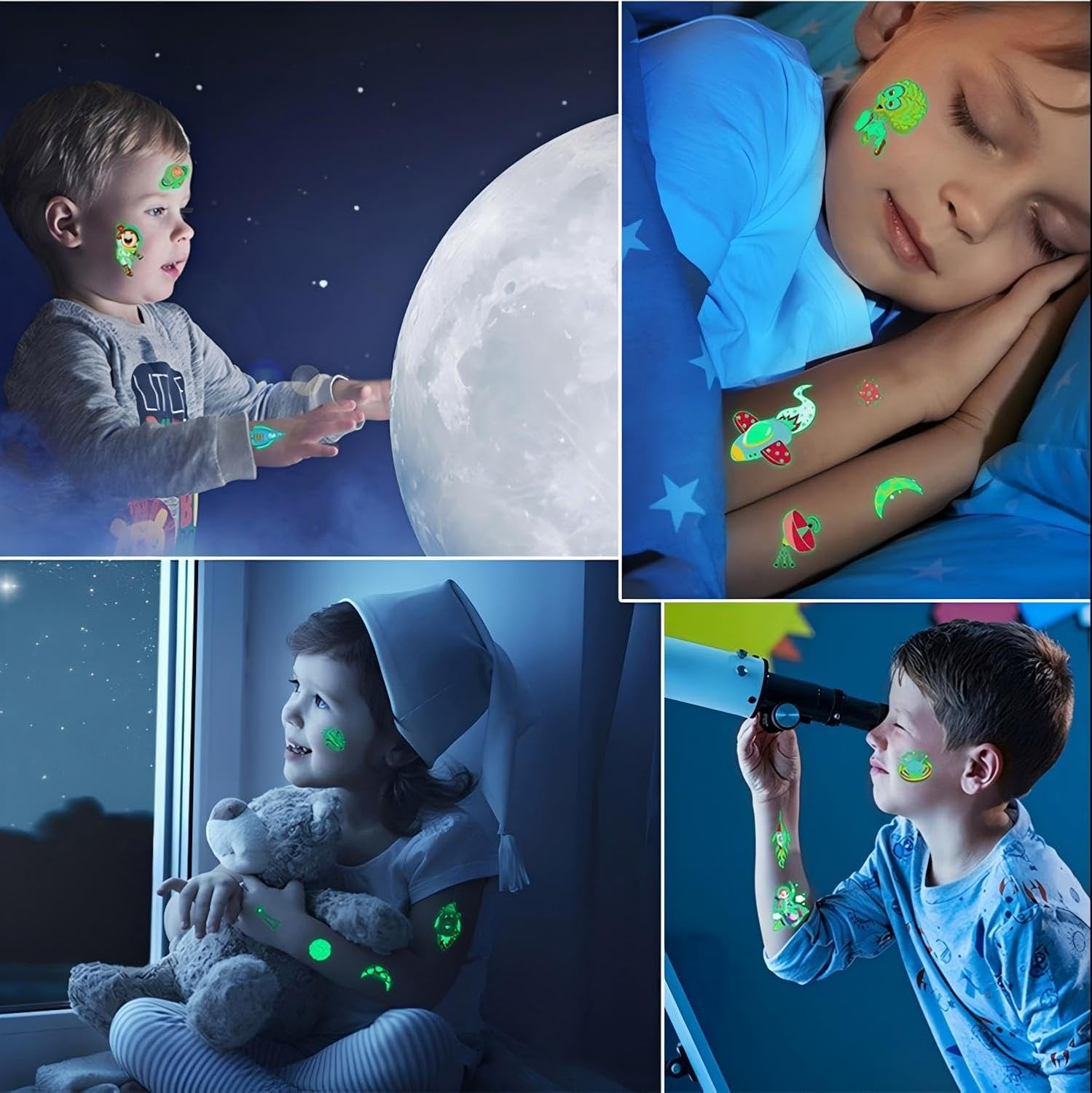 Lehuan 20 Sheets Luminous Tattoo Stickers for Kids, Mixed Style Temporary Cartoon Tattoo, Glow in the Dark Tattoos for Boys and Girls (Pattern 2) image number 1