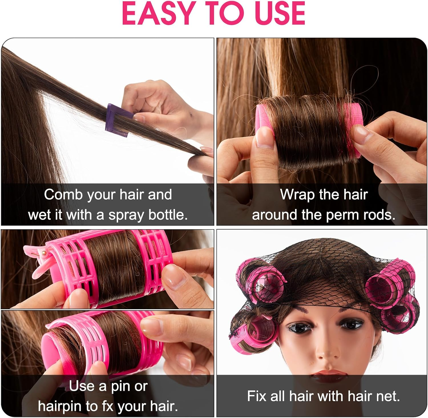WILLBOND 65 Pieces Magnetic Rollers Plastic Rollers Hair Curlers Set 4 Sizes for Long Medium Short Hair, Duck Clips Hairnet Hairdressing Styling Tool (Pink)
