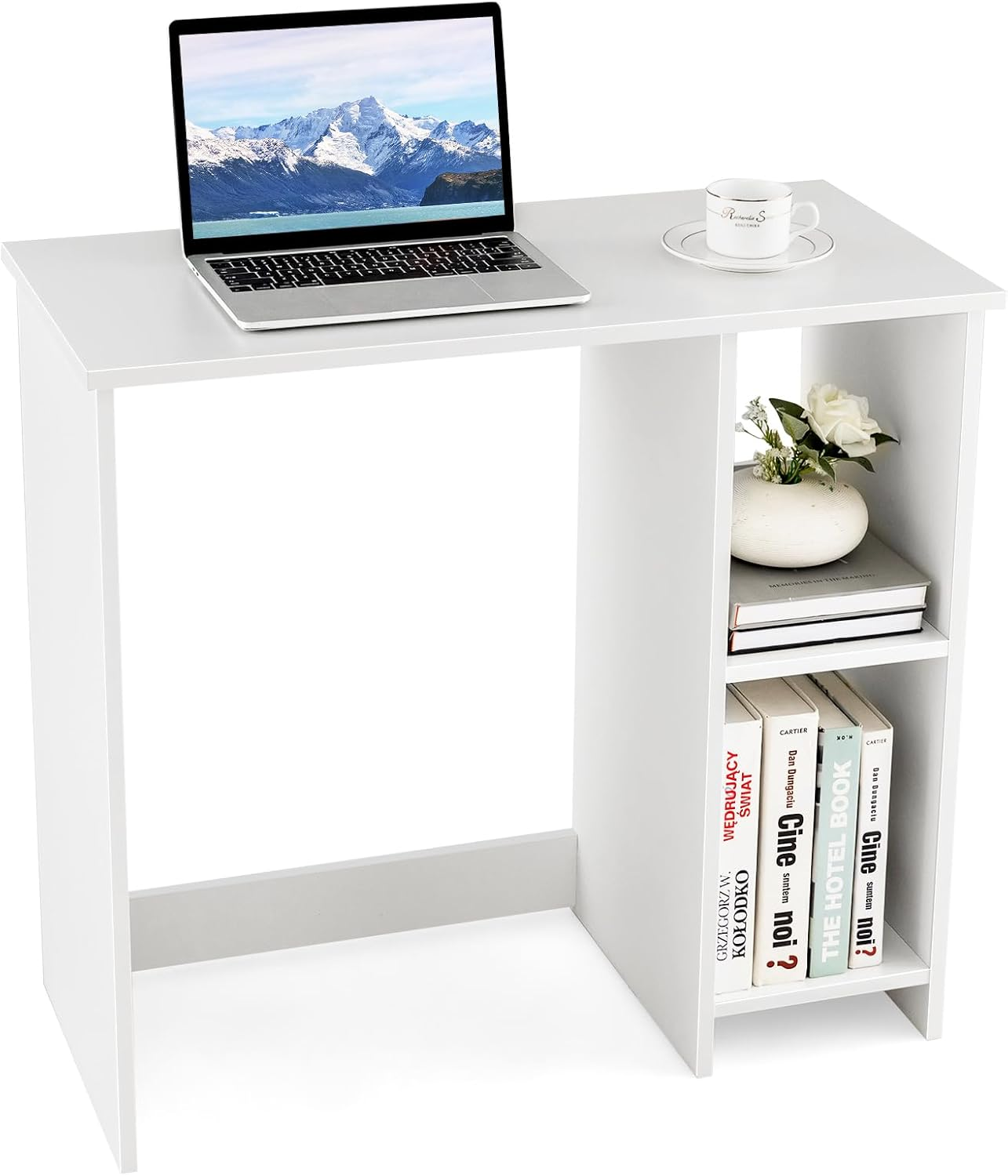 Giantex Reversible Computer Desk with Bookshelf, Writing Study Workstation W/Storage Shelves & CPU Stand, Modern Computer Table W/Large Desktop for Home & Office, Space-Saving Design (White)