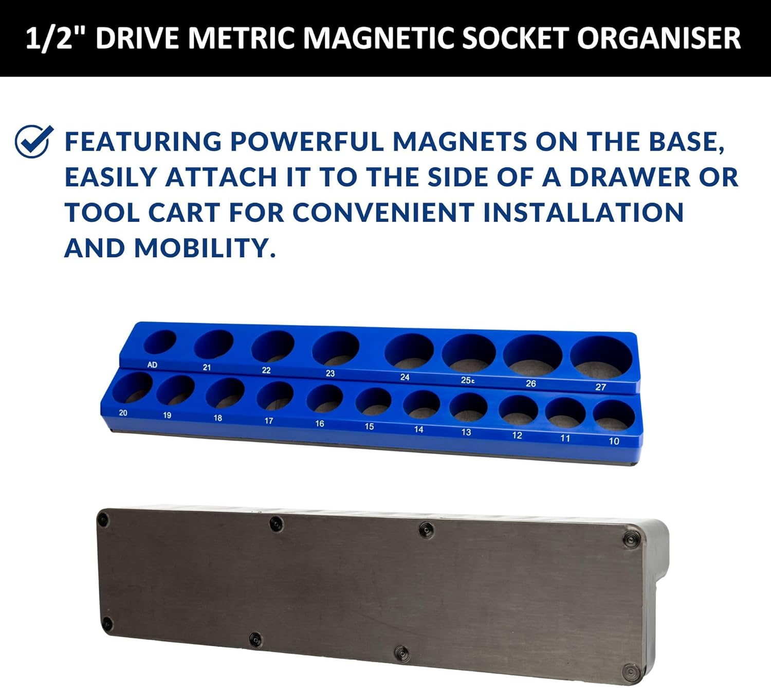 Magnetic 1/2&rdquo; Socket Organiser, Shallow Socket & Adapter Holder Kit, Socket Trays, Holds 19Pcs Sockets & Adapter (Sockets Not Included), Best Tool Storage Solution (Blue, 1/2"-19 Slots) image number 4