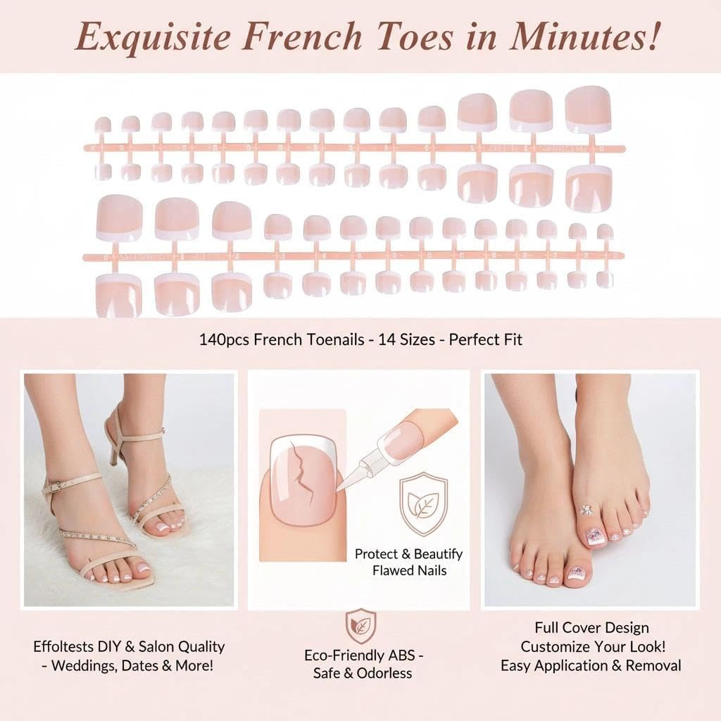 140Pcs Short Press on Toe Nails, French Tip Fake Nails Compatible with Your Toenails for Women & Girls, Professional Salon & DIY Manicure - CRFY