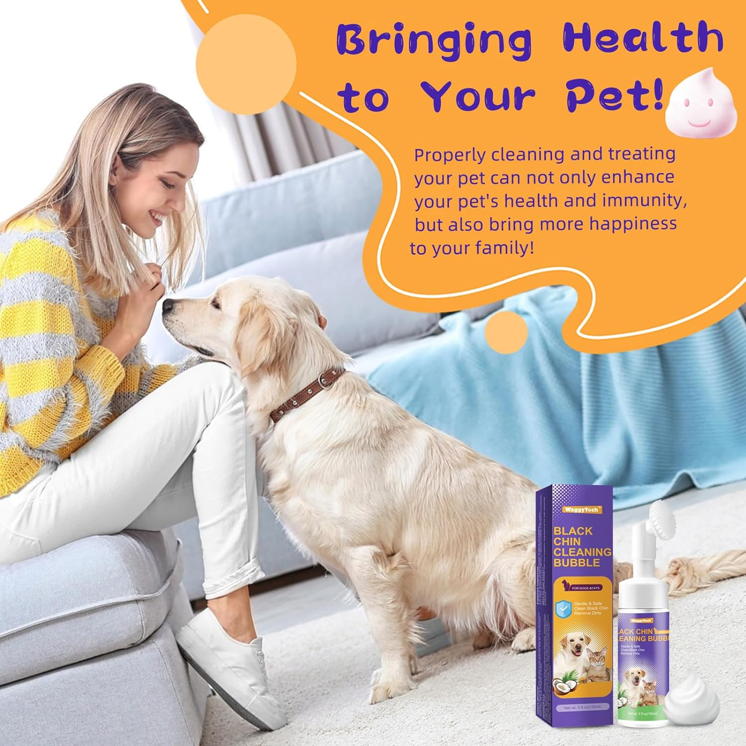 Cat Black Chin Acne Cleaner 5Oz (150 Ml), No-Rinse Pet Care Mousse with Soft Brush Head, Removes Blackheads & Degreases Tails, Pet Hair Health Shampoo - Dryness | Oil | Dirt image number 1