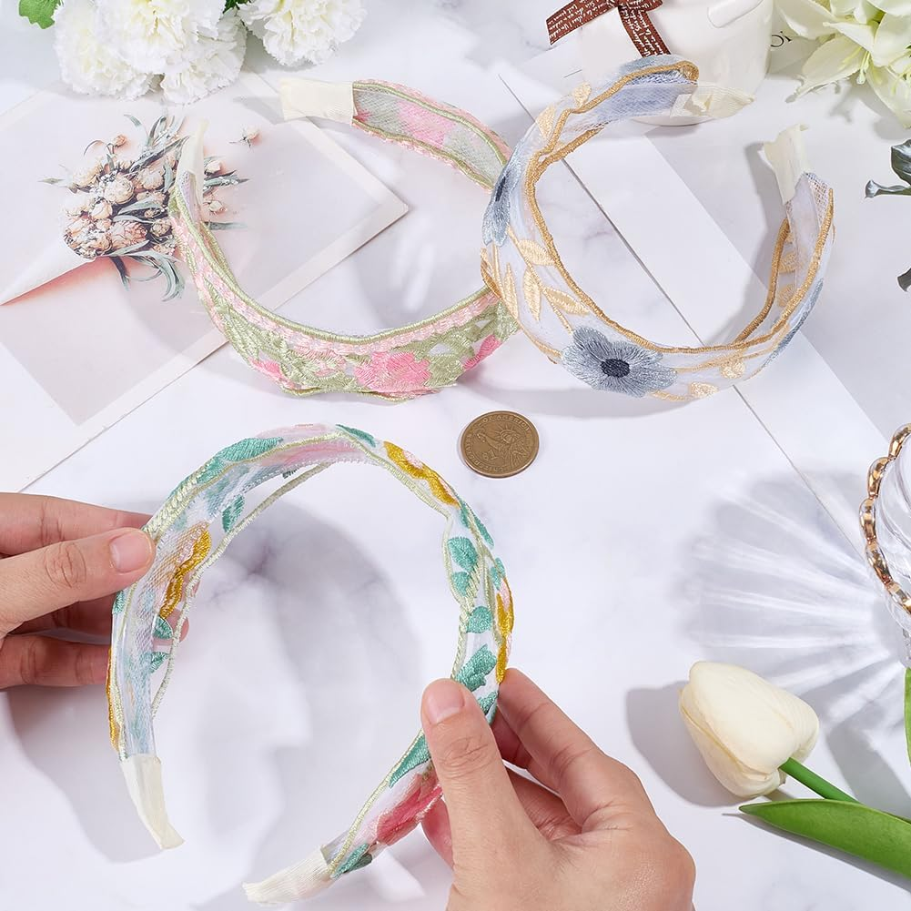 CABODYALS Pack of 3 3 Colours Colourful Floral Lace Headband Floral Embroidery Boho Vintage Hair Bands Fashionable Wide Elastic Embroidered Headband Set for Women Wedding Outfit Dress Hair Acc image number 2