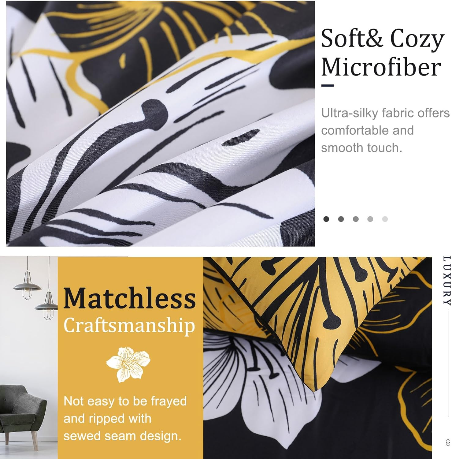 Menghomeus King Size Comforter Set Black/Gold Floral Bedding Comforter Sets Soft Microfiber Bed Comforter Set for All Season 3 Piece Botanical Flowers Comforter, Pillowcases image number 6