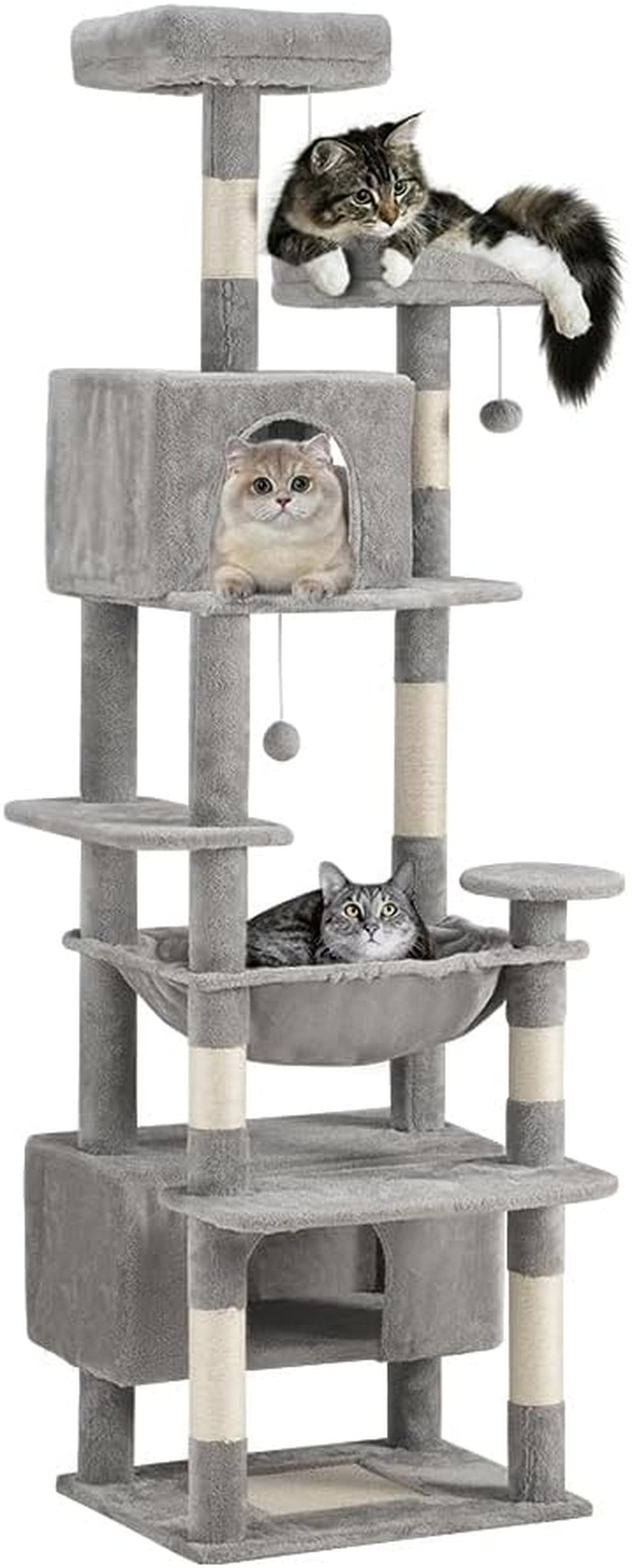 Cat Tree, 180CM Tall Cat Tree Tower for Large/Big Cats, Climbing Cat Tower Multi-Level Furniture Activity Center with a Large Hammock, Cat Condo and 4 Sisal Scratching Posts, Light Gray image number 6