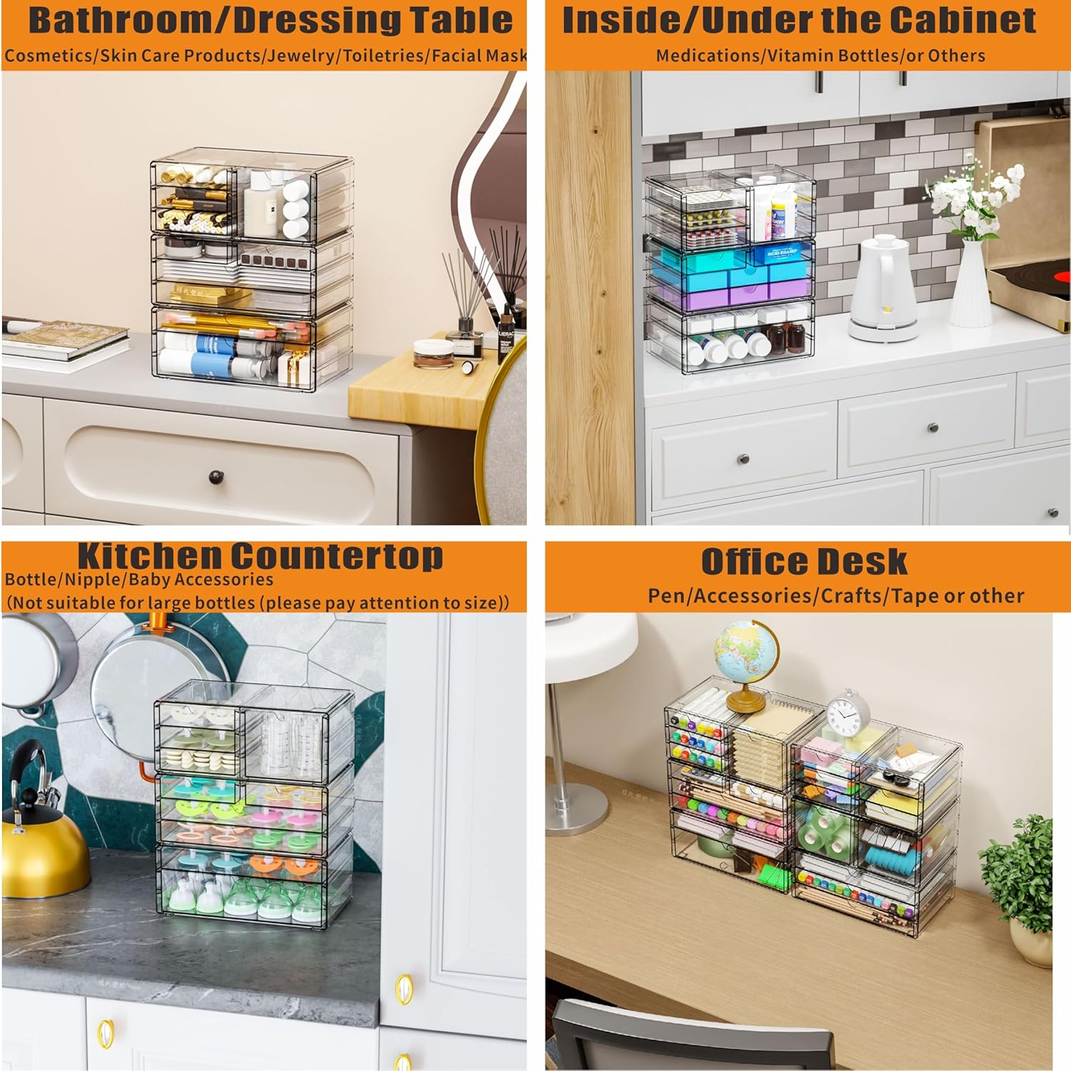 Yieach 3Pack Clear Drawer Organizers Stackable,Acrylic Storage Drawers with 10 Drawers,Multipurpose Office Supply Organizer and Makeup Organizer for Beauty,Craft,Pen,Medical,Stationary Desk Organizers image number 3