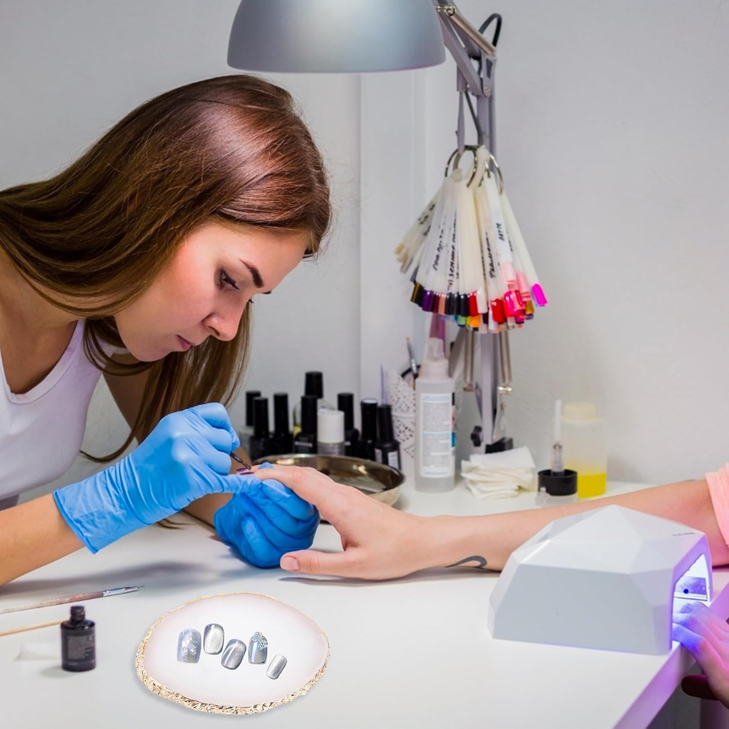 Manicure Painted, Resin Palette, Nail Art Palette with Gold Edge, White Imitation Skristal, Irregular Shape, Manicure, Painted, Colour Mixing Palette, Reusable, Washable, Cosmetic Mixing Tools image number 4