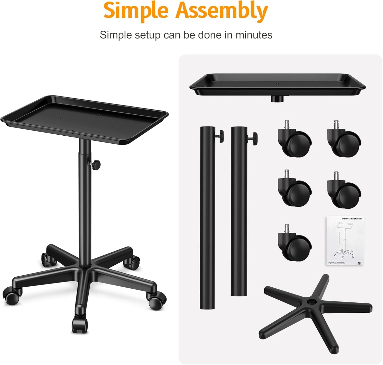 DEER BEAUTY Salon Tray on Wheels - Premium Aluminum Tattoo Tray Rolling Trolley - Adjustable Salon Service Rolling Tray Hairdresser Cart with Clinic Spa Rolling Tray Wheels (Black)