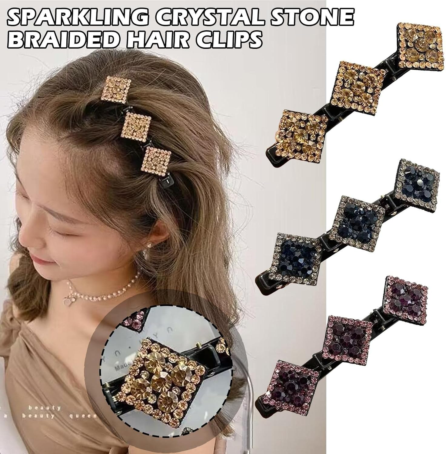 PLGEBR 1Pcs Sparkling Crystal Stone Braided Hair Clips, Rhinestone Hair Clips, Rhombus Chopped Hairpin Clip, Braided Hair Clip with Rhinestones for Women Satin Fabric Hair Bands image number 1