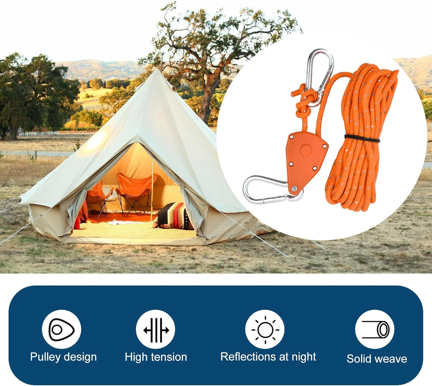 4PCS Reflective Tent Guy Ropes, 4Mm Tent Camping Cord with Pulley, 5M Heavy Duty Guide Rope with Aluminum Adjuster, Tent Guy Ropes Lines for Awning Outdoor Tent Tarp Gazebo Hiking (Black, 4Mm*5M) - Red image number 4