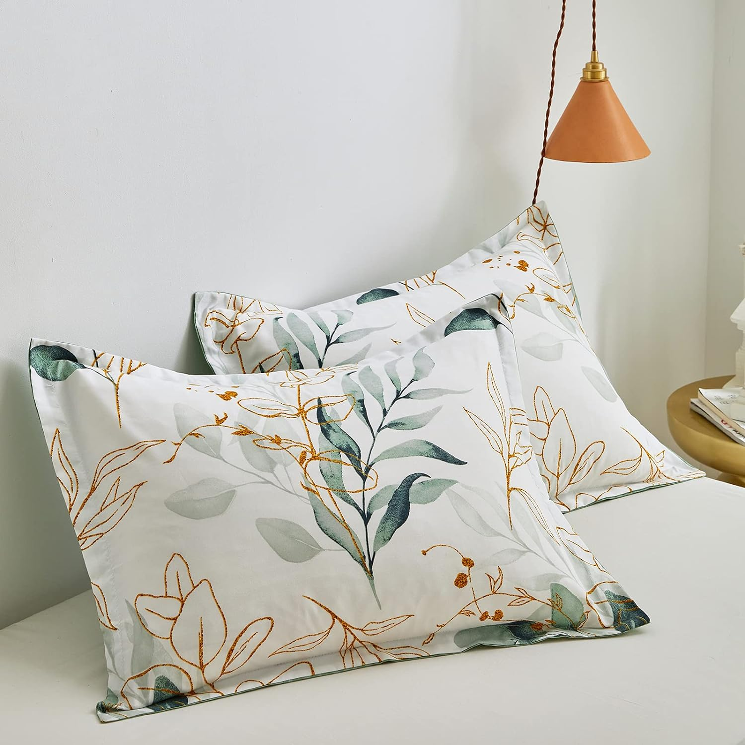 Joyreap 3Pcs Botanical Comforter Set King, Green N Golden Leaves on White Reversible Design, Smooth Soft Microfiber Bedding Comforter Set for All Season, 1 Comforter N 2 Pillow Shams, 102X90 Inches