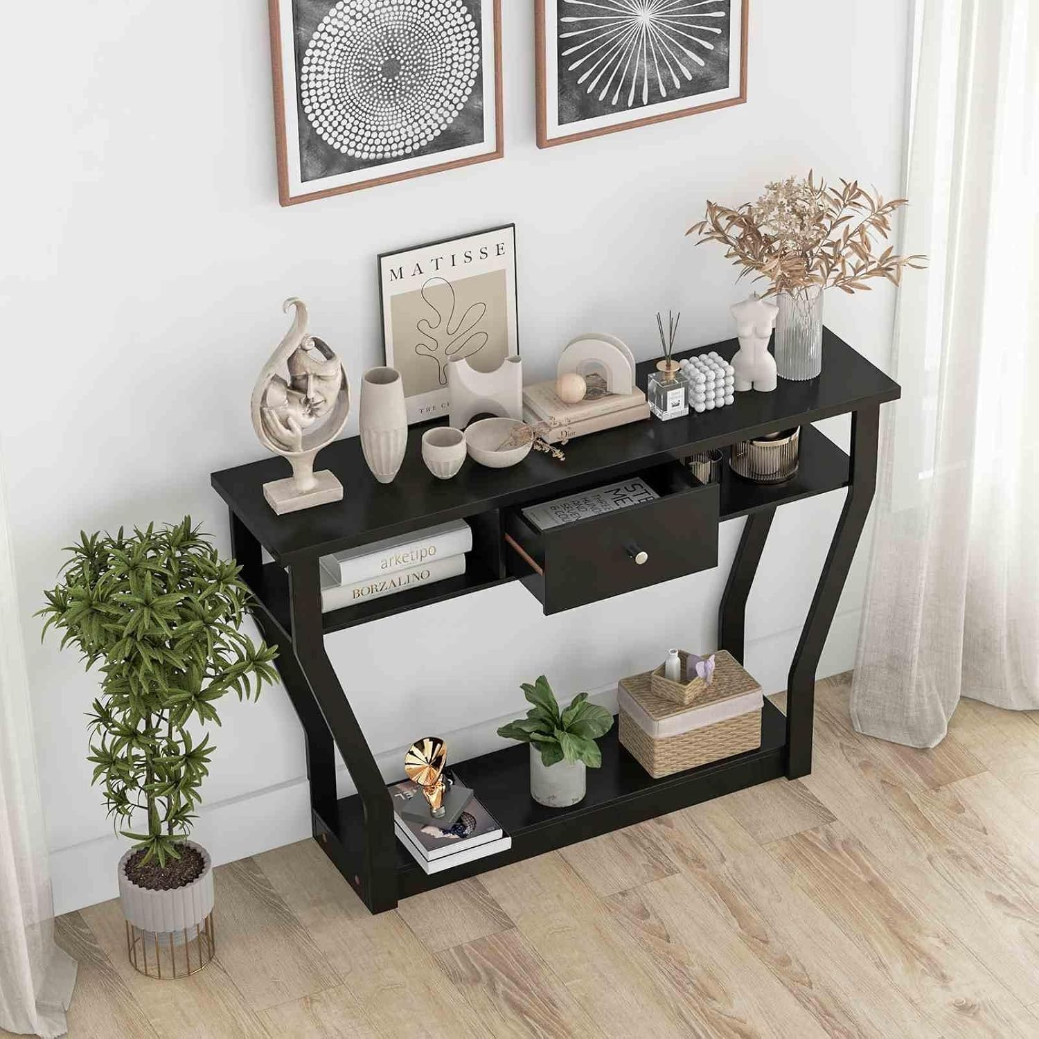 Costway Console Table, Side Table with 3-Step Storage Space and Drawer, Hallway Table for Living Room & Entrance Area & Dining Room, Loadable up to 60 Kg with Antique Tip Design, Made of MDF image number 2