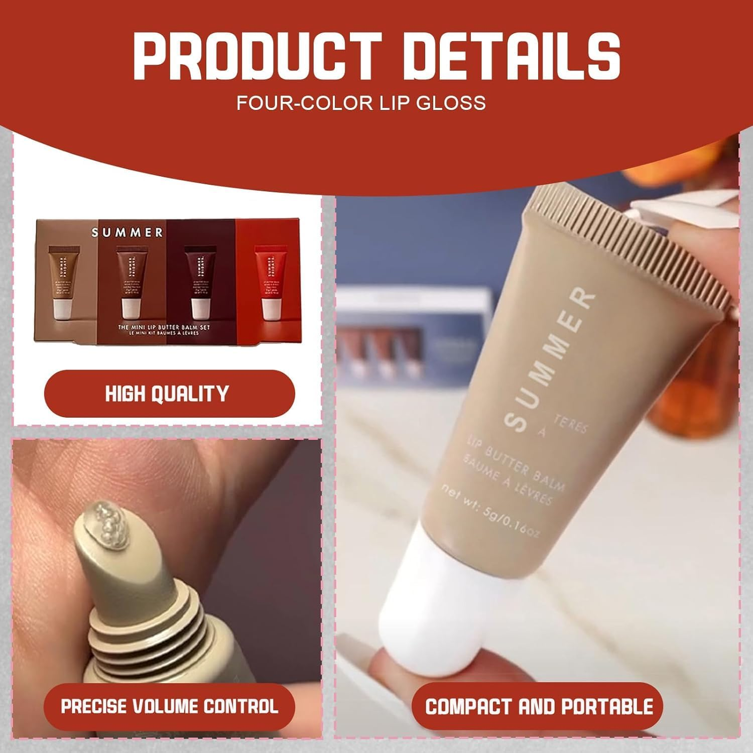 Lip Stain Set, Long Lasting Lip Gloss & Lip Tint 4-Piece Kit, Hydrating Korean Lip Oil Stain for All-Day Wear, Perfect for Makeup Lovers