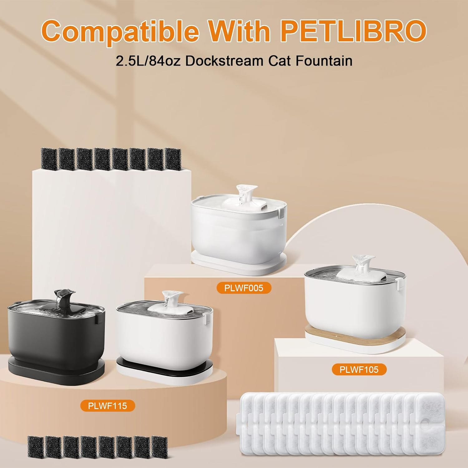 Pack of 16 Cat Fountain Filters for Petlibro Dockstream Drinking Fountain for Cat PLWF005, PLWF115, PLWF105, Includes 16 Filter Cat Fountain and 16 Pump Filter Sponges image number 4