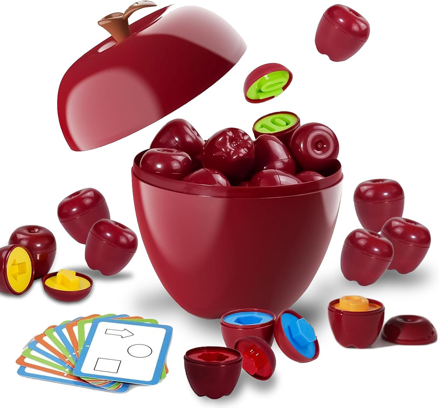 Caunedy 24PCS Apple Shape Sorting & Matching Toys, Color & Shape Recognition Games for Toddlers 3+ Years, Sensory Educational Kit with Apple-Shaped Storage Basket, STEM Toy for Kids image number 4
