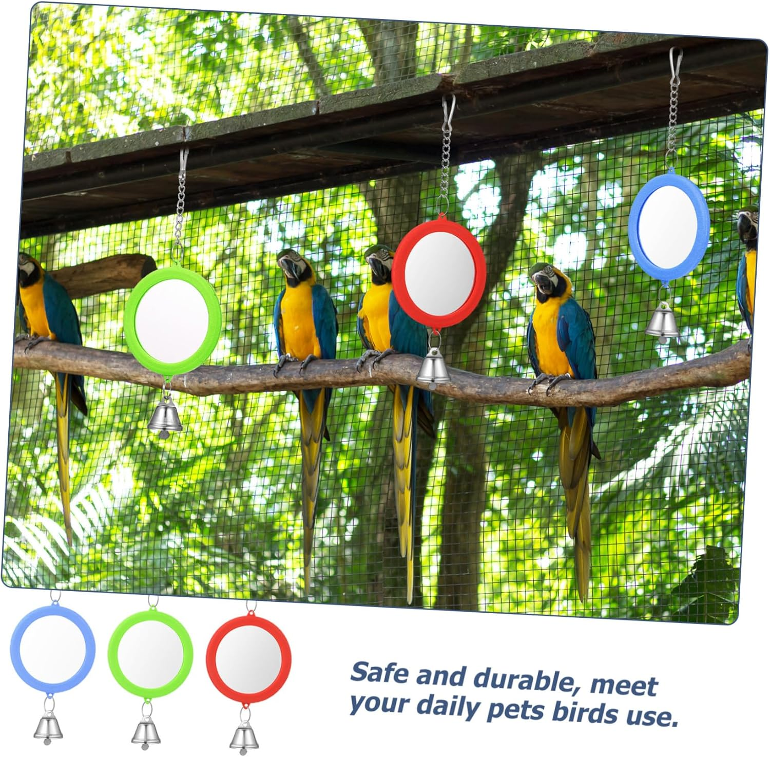 JOINPAYA 3 Pcs round Double-Side Bird Mirror Toys with Bells, Colorful Red Green Blue Pendants for Parrot, Cockatiel, Parakeet Cage Accessories image number 4