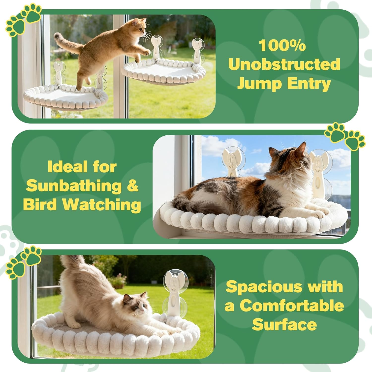 Euqvunn Cordless Cat Window Bed - 33LBS Weight Capacity with Dual-Side Washable Cushion, Foldable Cat Hammock for Indoor Cats, Ideal for Sunbathing, Napping & Bird Watching