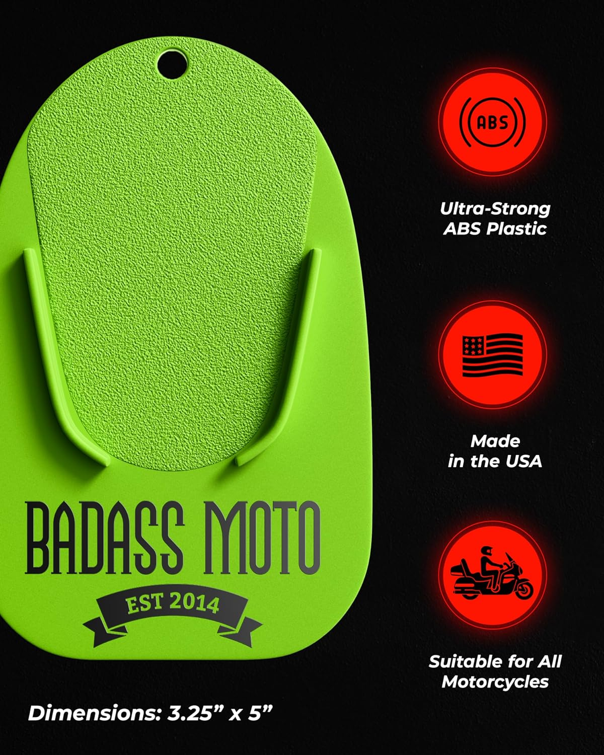 Badass Moto Gear Motorcycle Kickstand Pad - Green - American Made in USA. Durable Biker Kick Stand Coaster/Support Plate Color Choices. Rest or Park Your Bike on Hot Pavement Grass Soft Ground image number 3
