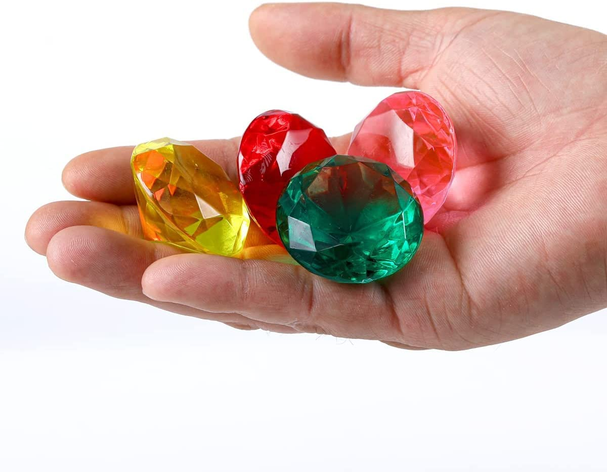 Diving Gem Pool Toy 15 Big Colorful Diamonds Set with Big Treasure Chest Pirate Box Underwater Gem Diving Toys Set Dive Throw Toy Set Swimming Training Gift Toy for Summer Swimming Pool Party Supplies