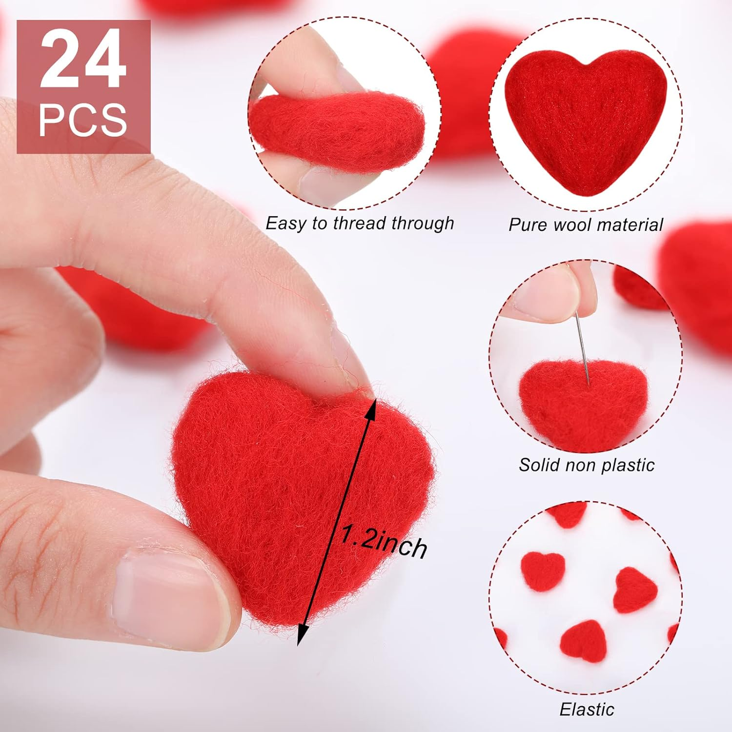 Tegeme 24 Pieces 30 Mm Valentine'S Day Wool Felt Balls Garland Heart Shape Banner Small Wool Balls Handmade DIY Felted Fabric Red Pom Poms Wool Felt Garland Crafts for Valentine'S Day Home Decor image number 6