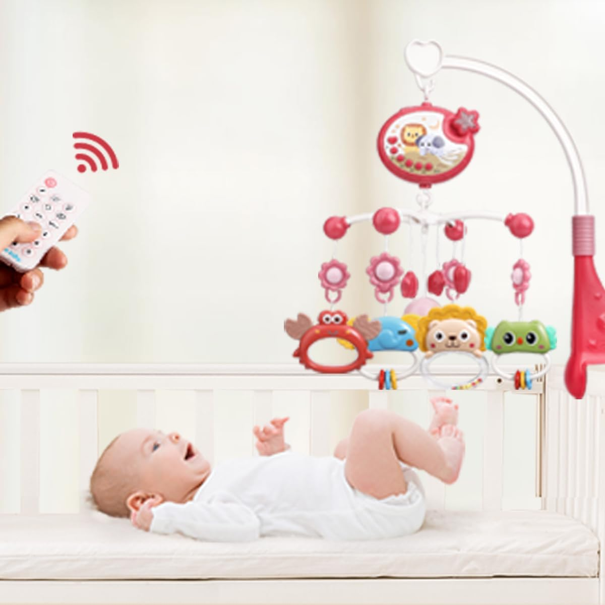 Baby Crib Mobile with Remote Control, Star Projector Timing Function, Musical Mobile for Bed with Light and Melodies, Hanging Rotating Rattles Toys for Newborns(Red) - Blue image number 7