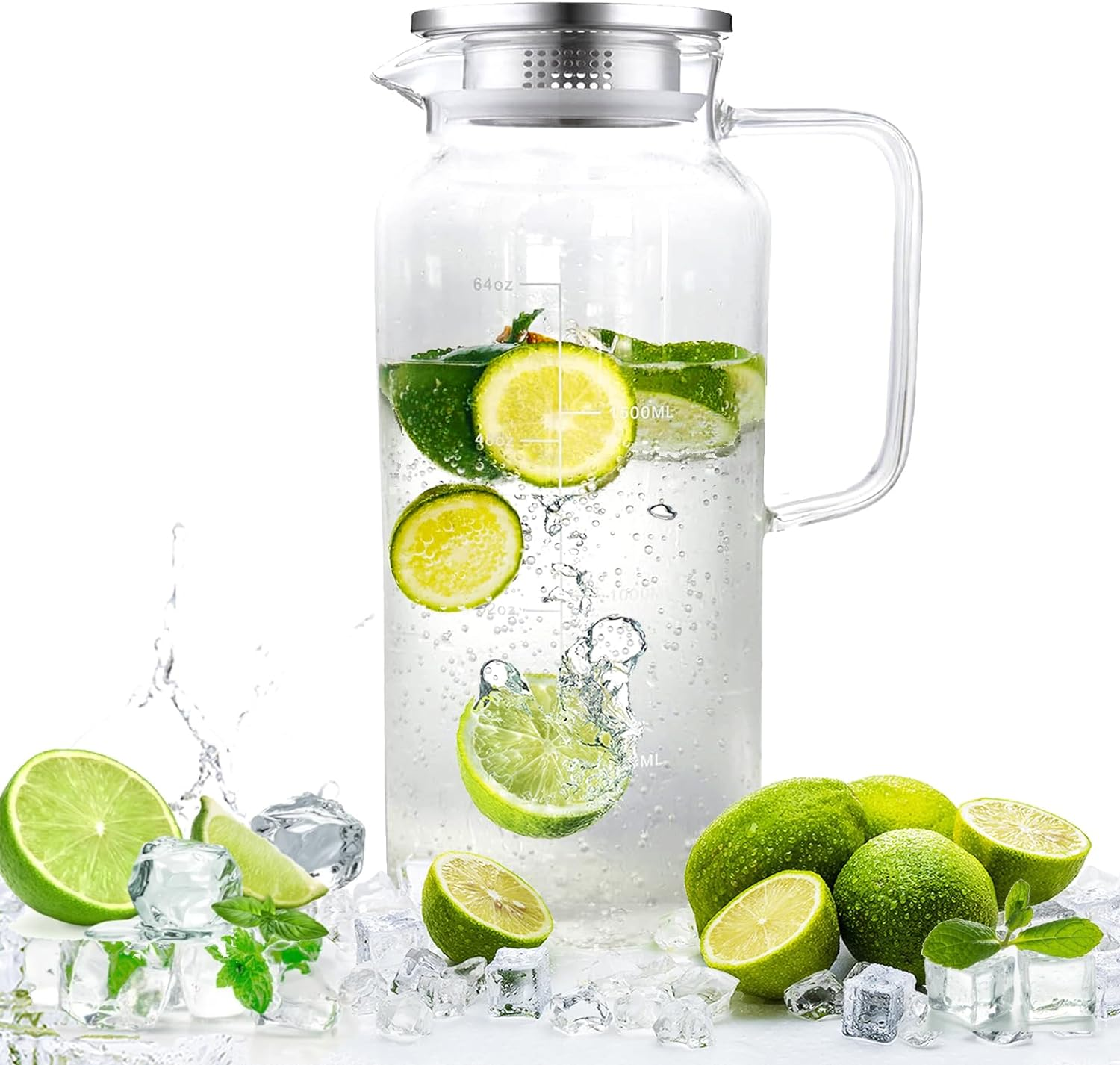 Glass Pitcher with Lid and Spout 2 Liter, Ekvinor Water Pitcher for Fridge, Glass Carafe for Hot/Cold Water, Large Iced Tea Pitcher for Coffee, Juice and Homemade Beverage image number 1