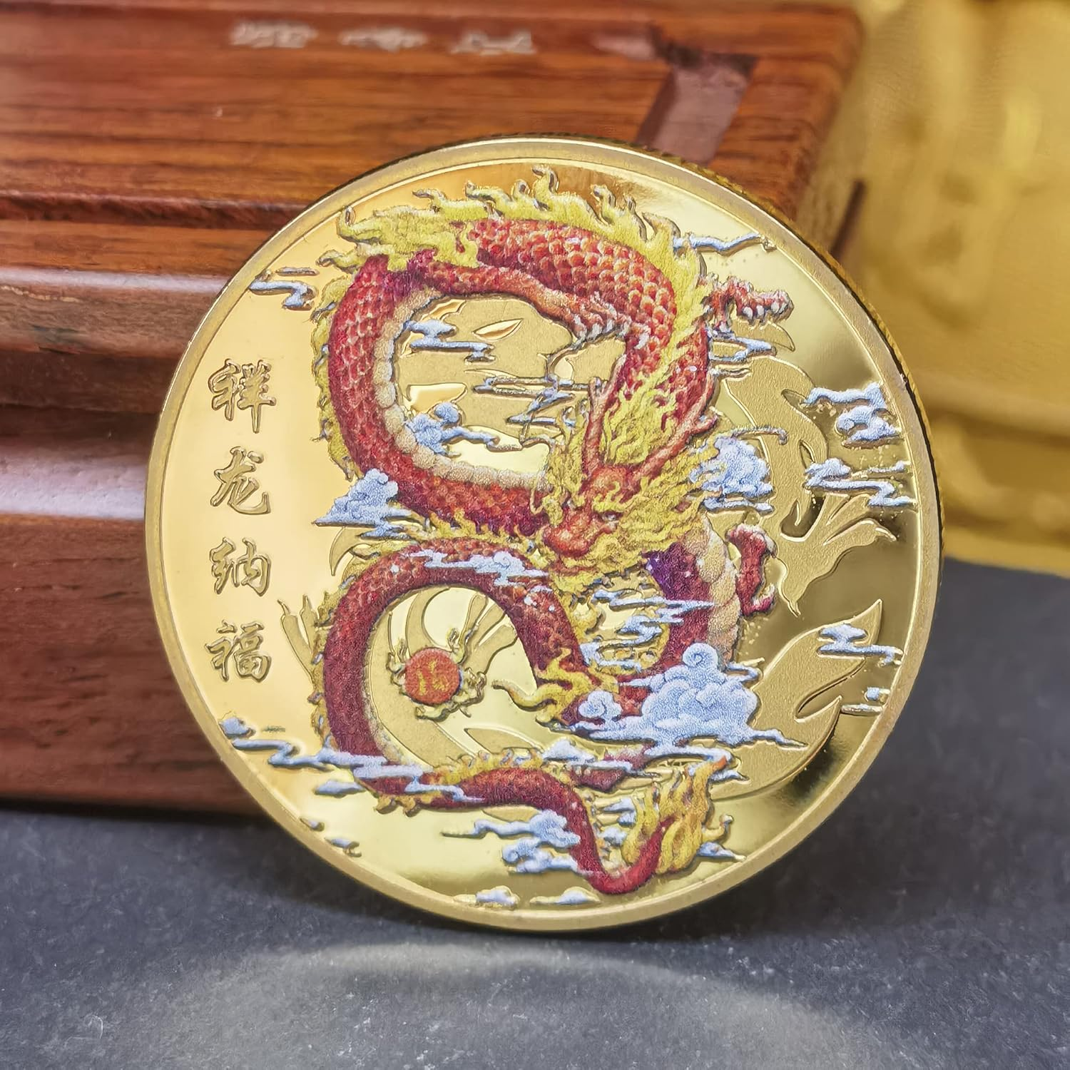 Soaring Chinese Dragon Gold Lucky Coin - Lottery Ticket Scratcher Tool - Good Luck Chinese Challenge Coin image number 1