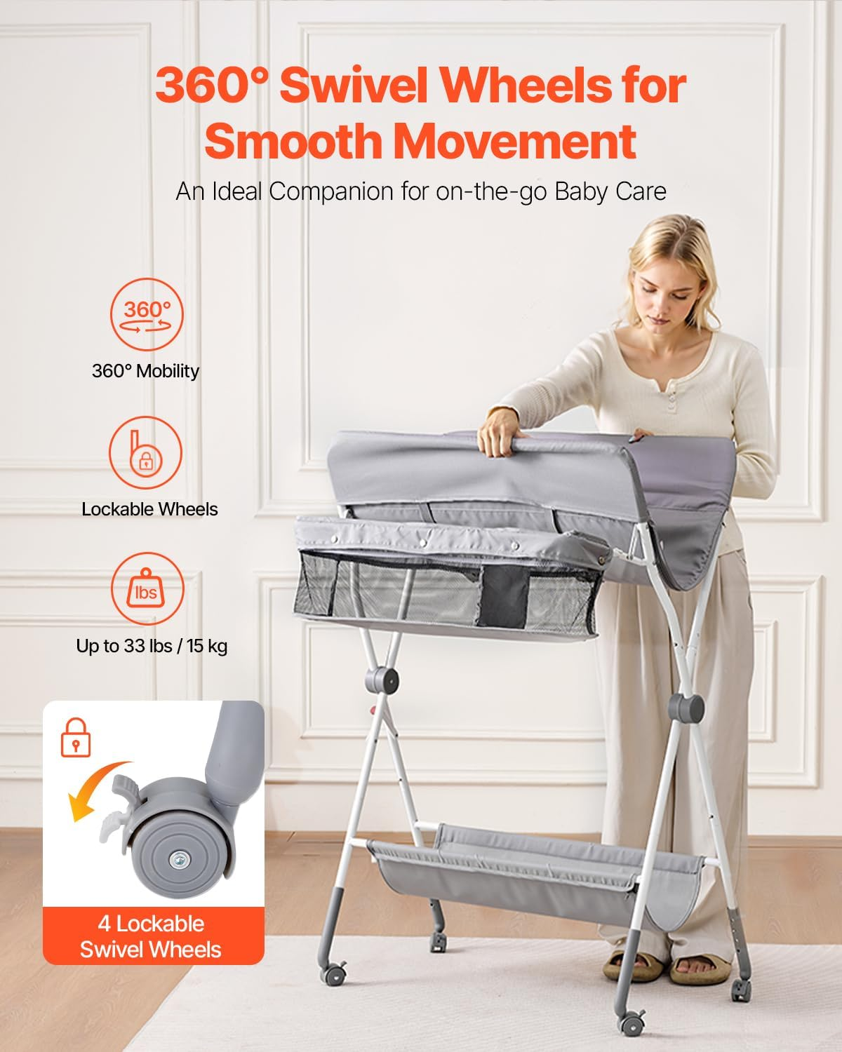 VEVOR Baby Changing Table, Foldable Diaper Change Station with Side Basket, Adjustable Height Portable Changing Table with Lockable Wheels, Multi-Functional Storage Organizer Nursery, Light Gray image number 6