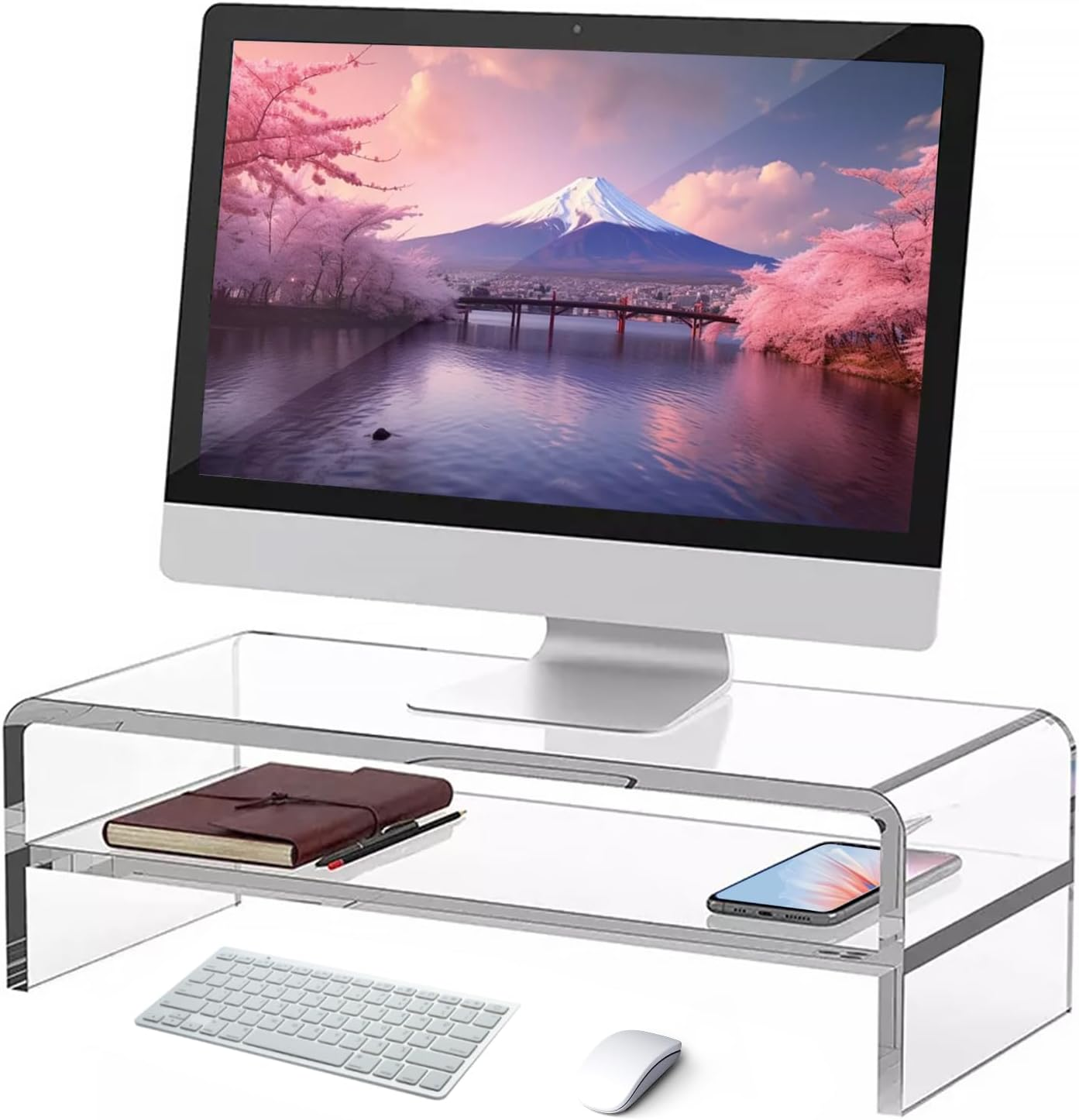 Clear Acrylic Monitor Stand Riser1/ 2 Tier, 5.12 Inches High Clear Computer Desk Organizer Shelf for Multi Media PC Storage Laptop，Multimedia Riser for Home Office (Transparent, 40&times;20&times;12Cm（Two Floors）) image number 4