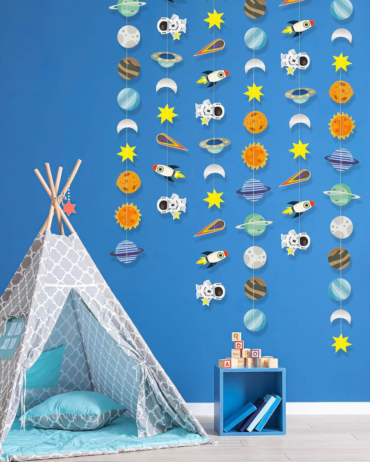 Galaxy Solar System Hanging Paper Garland, Astronauts Rockets Stars Hanging Decoration, Blast off to Outer Space Banner for Kids Bedroom Birthday Party Decor Supplies - Blue,Silver image number 6