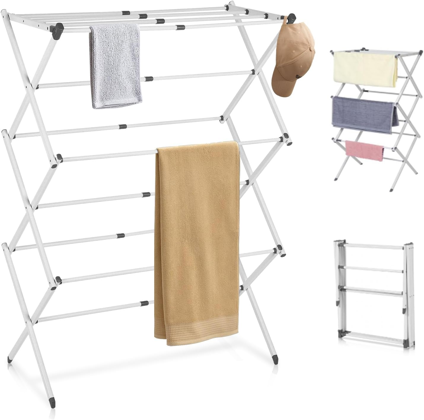 LIWEGHT 3-Tiers Clothes Drying Rack, Foldable Laundry Rack, Retractable for Easy Storage, Folding Indoor and Outdoor Rack, Space-Saving, Adjustable Towel Rack, Expandable Collapsing Rack, White image number 2