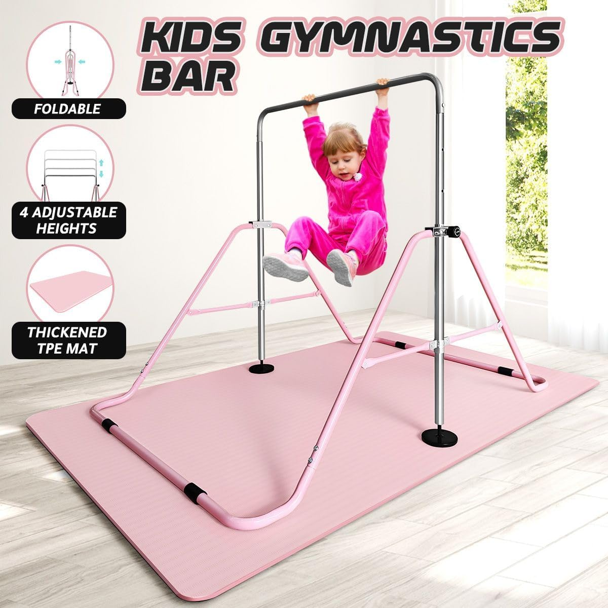 Genki Expandable Gymnastics Bars, Adjustable Height Gymnastic Horizontal Bars,Junior Climbing Frame Training Bar Children Folding Training Monkey Bars for Kids,Pink&hellip; - Pink/Mat 90-142 Cm image number 3