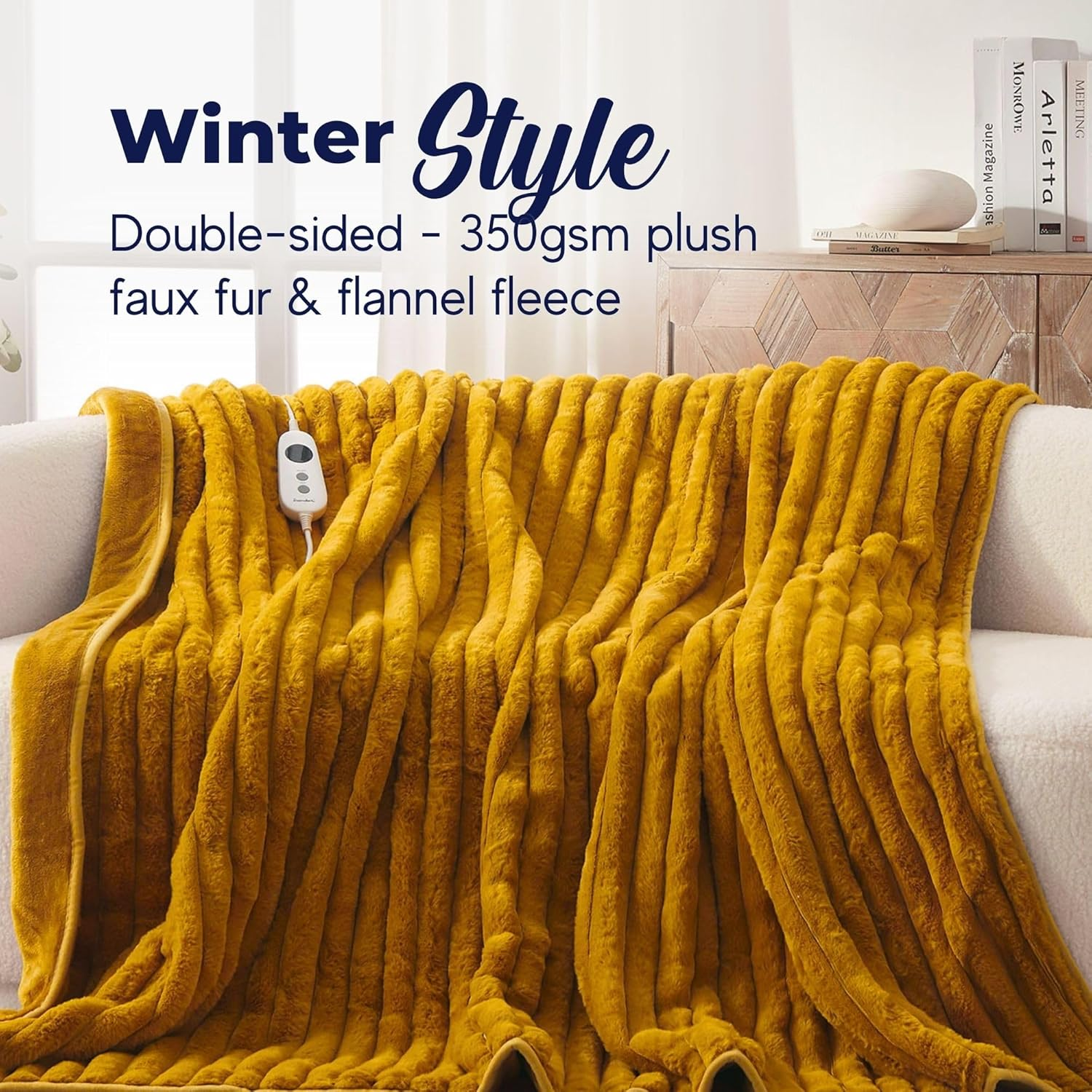 Dreamaker Chunky Embossed Plush Fleece Electric Heated Throw Blanket 200X180Cm Warm Flannel Reversible Rug Energy Efficient Overheat Protection 9 Heat Settings Extra Long Cord Controller- Mustard Gold image number 4