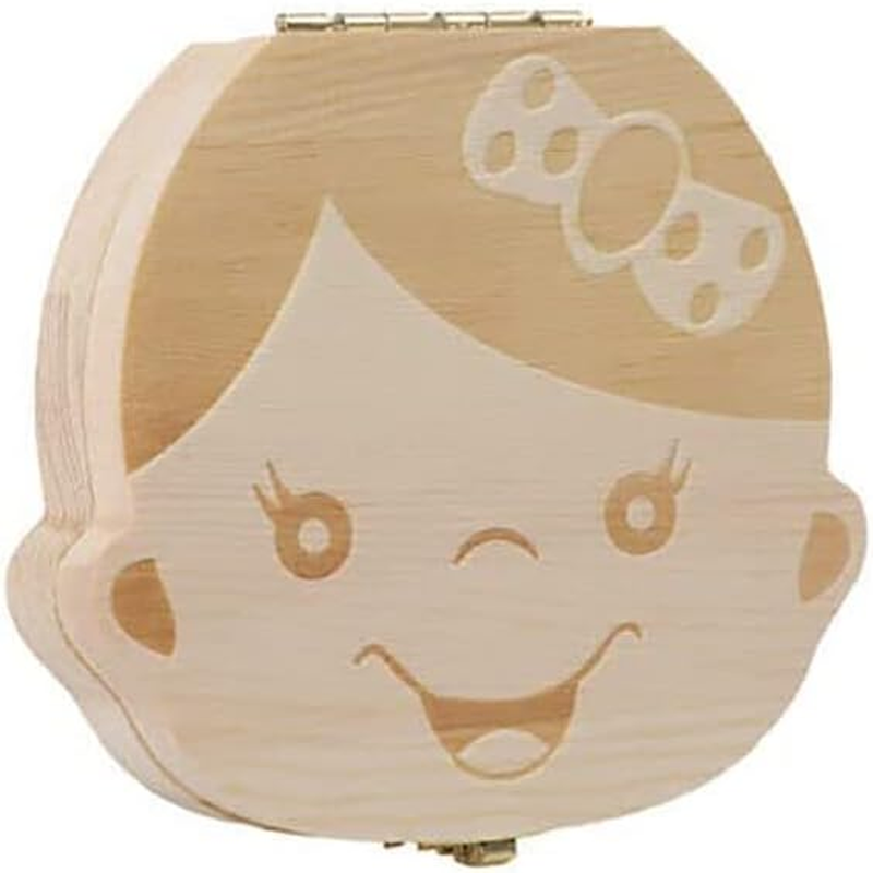 AIMALL Baby Tooth Box Organizer save Milk Teeth Wood Boy Girl Kids Storage Gift Case, Natural Safe Wood, Cute Kid Design, 4.92X4.72X1.18 Inches