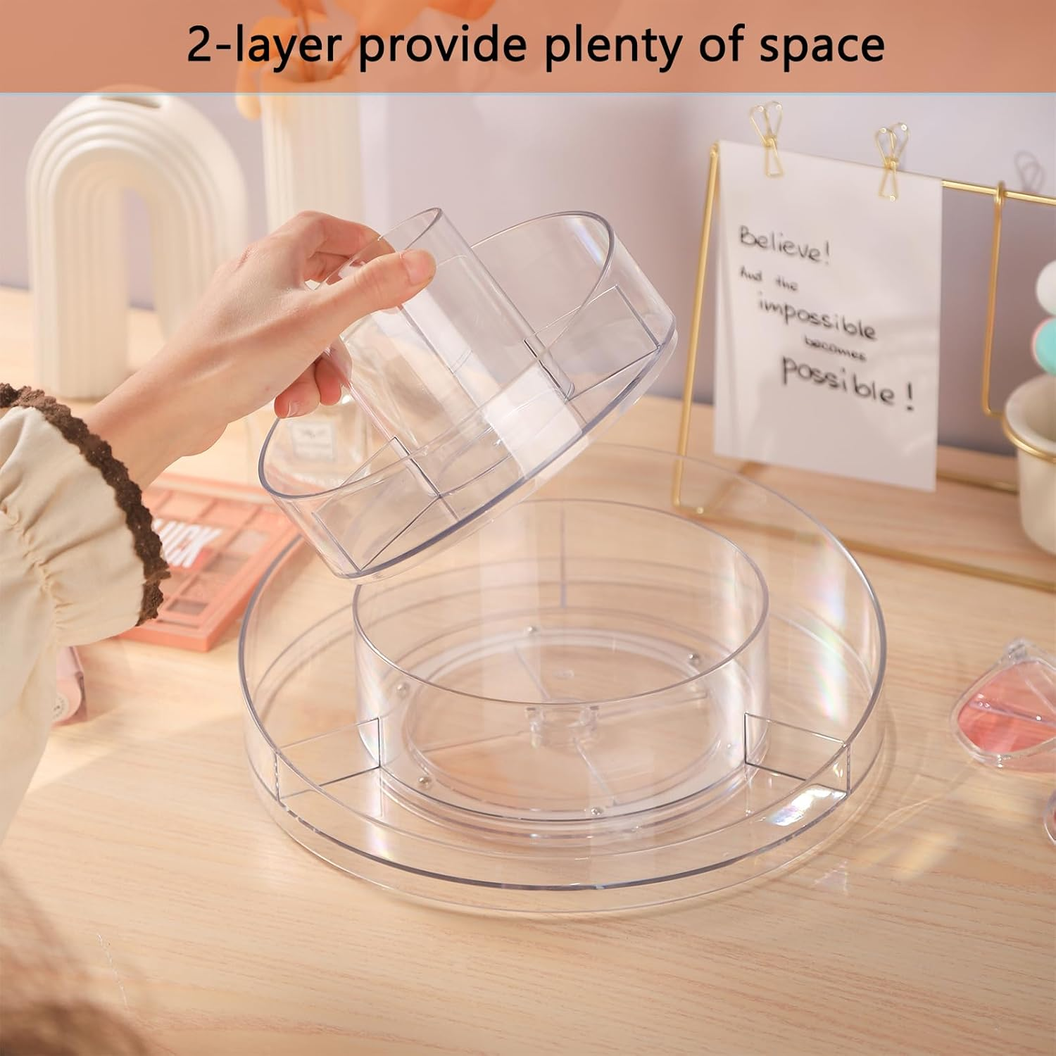 RAMFIYN Clear Acrylic Lazy Susan Organizer, Makeup Spinning Organizer, 2-Tier Lazy Susan for Vanity, Brushes, Lipsticks, Perfumes and Skincare image number 1