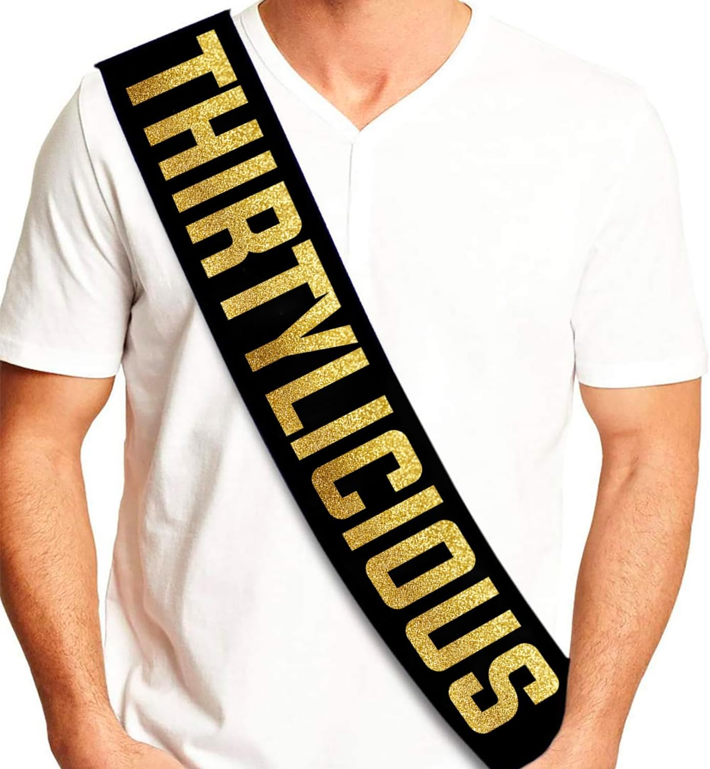 Thirtylicious Black and Gold Glitter Satin Sash - Happy 30Th Birthday Party Supplies, Ideas and Decorations image number 1
