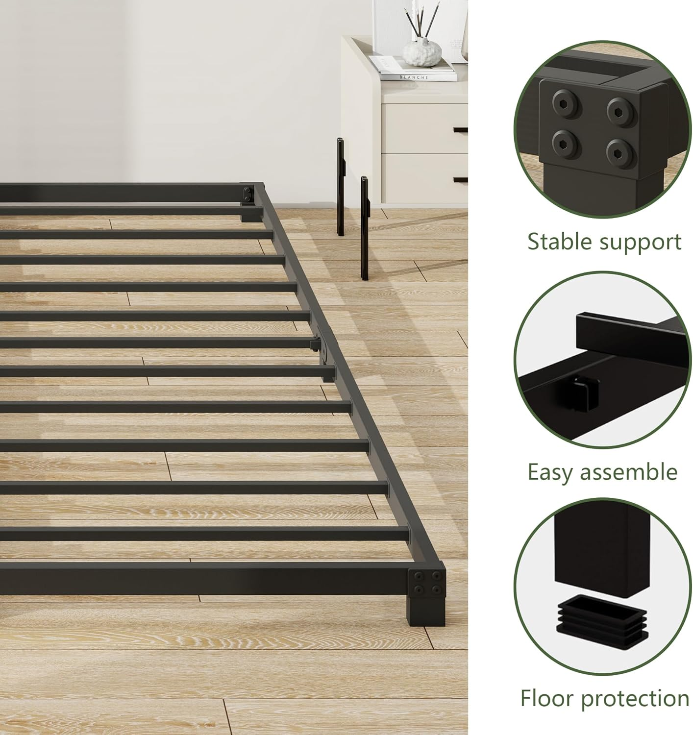 VERFARM 3 Inch Low Queen Size Bed Frame, Heavy Duty Metal Platform Bed Frame Queen, No Box Spring Needed, Sturdy Steel Slat Support, Easy Assembly, Black, Queen image number 4