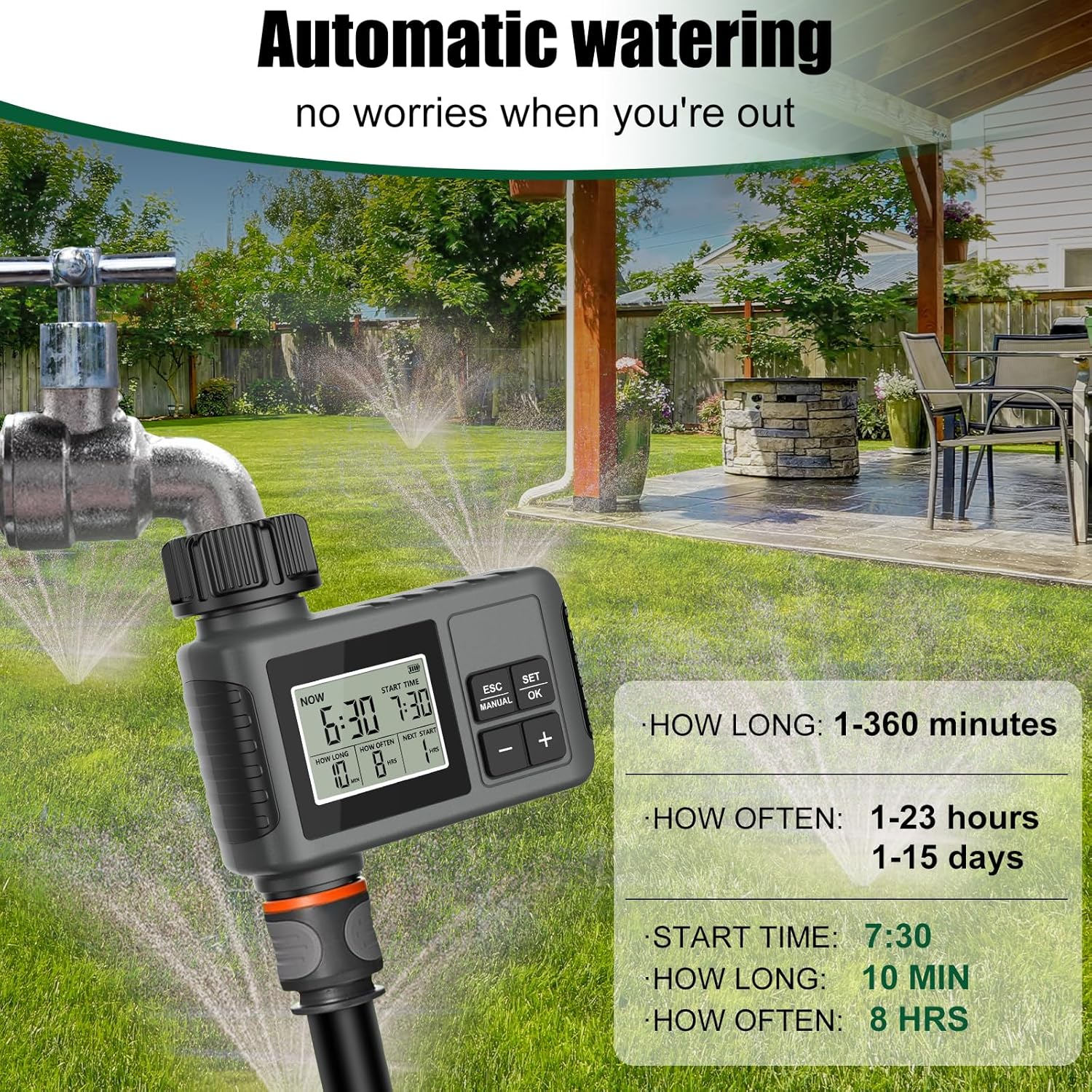 HUAJUN Water Timer for Garden Hose, Programmable Digital Sprinkler Timer with Manual & Automatic Modes, Tap Timer Outdoor with IPX5 Waterproof Design and Rain Delay for Yard, 1 Outlet image number 4