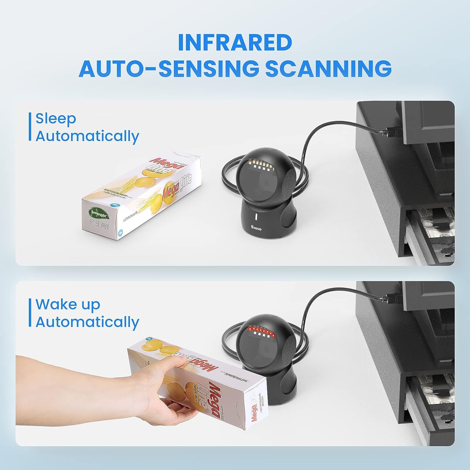 Eyoyo Barcode Scanner, QR 2D Hands-Free Omnidirectional Automatic Sensing Scanning USB Desktop Barcode Scanner, Wired Bar Code Reader Screen Scanning for POS PC Supermarket Library Retail Bookstore image number 4