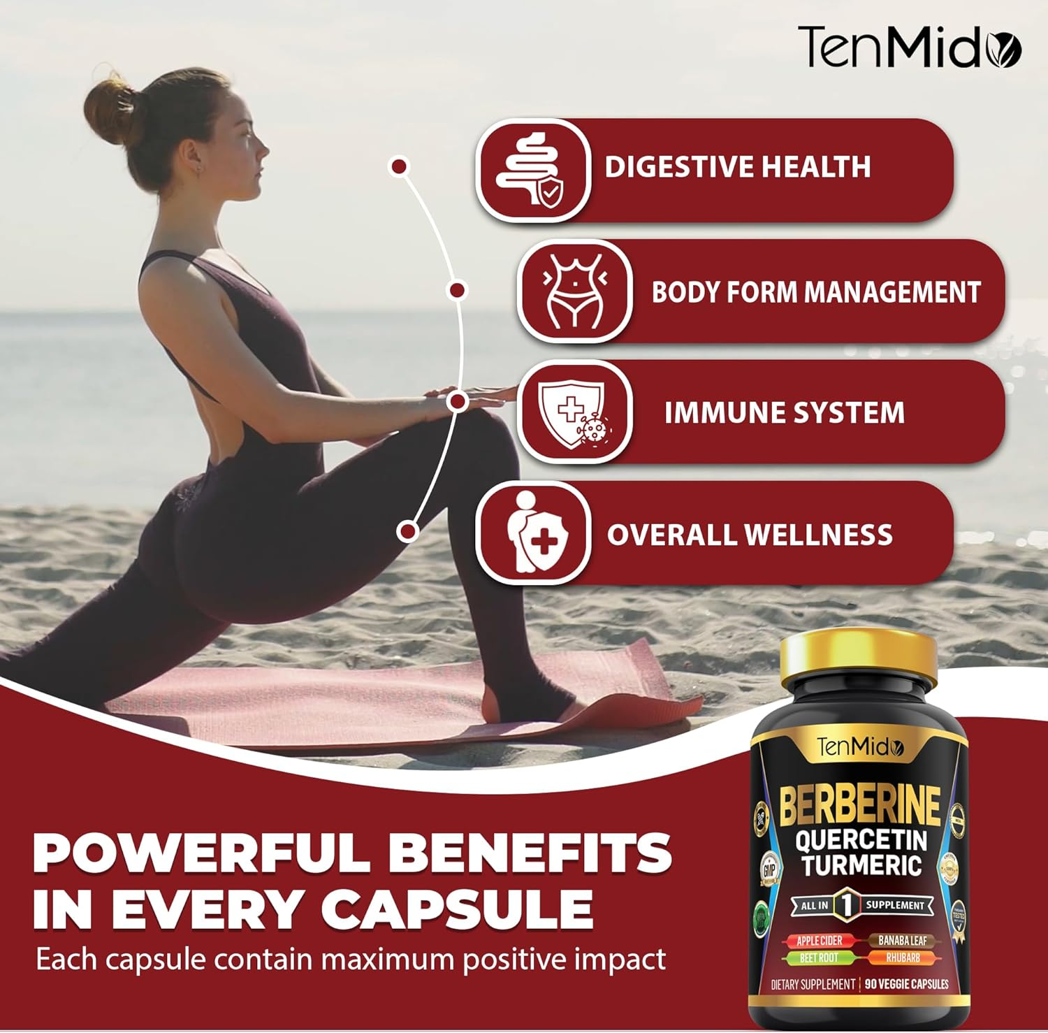 Berberine Supplement for Men and Women, 8In1 Formula with Quercetin, Turmeric, Apple Cider Vinegar, Beet Root & More - Digestive, Immune Support - Rich in Nutrient - 90 Capsules image number 4