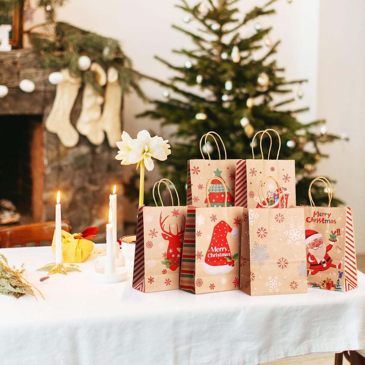 24 Pcs Christmas Kraft Gift Bags, Geeric Xmas Paper Bags Bulk with Handles Party Bags Christmas Candy Treat Bag Gift Bags for Xmas Gift Wrapping Christmas Party Santa Claus,Snowflake,Elk Print Pattern - Color2 image number 3