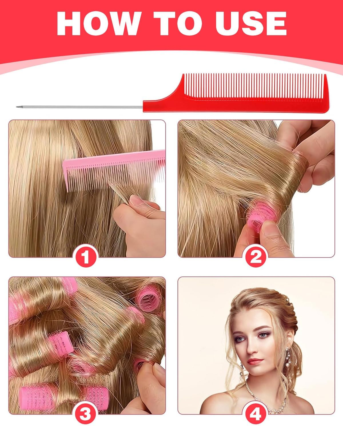TPZORJX 37 Pieces Manual Hair Rollers Self-Adhesive for Salon, Hairdressing Salon, Rat Tail Comb, DIY Curling Iron with Steel Pin Pointed Tail Comb image number 5