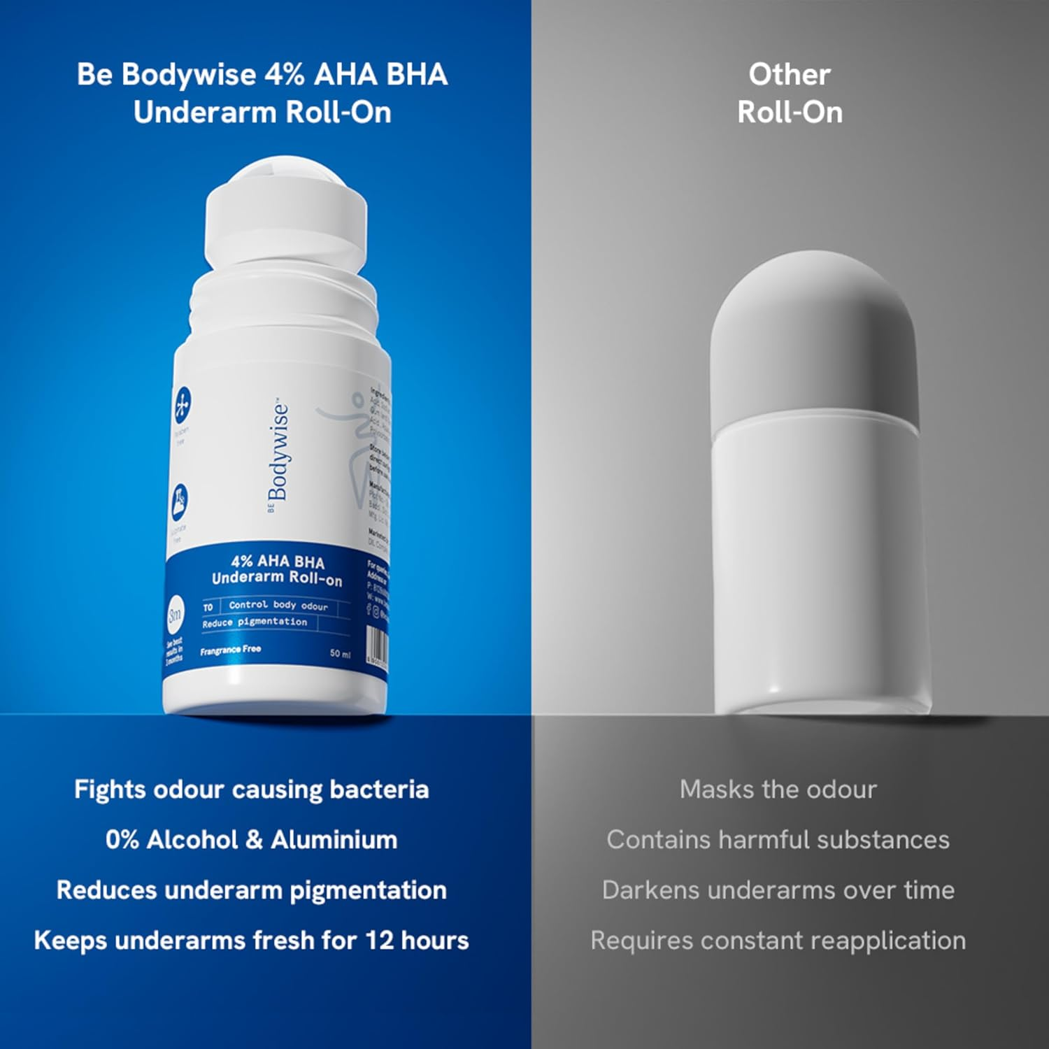 Be Bodywise 4% AHA BHA Underarm Roll on | Fragrance Free | with 1% Mandelic Acid | Prevents Body Odour, Kills Bacteria | Alcohol & Aluminum Free | Suitable for Sensitive Skin | 50Ml image number 5