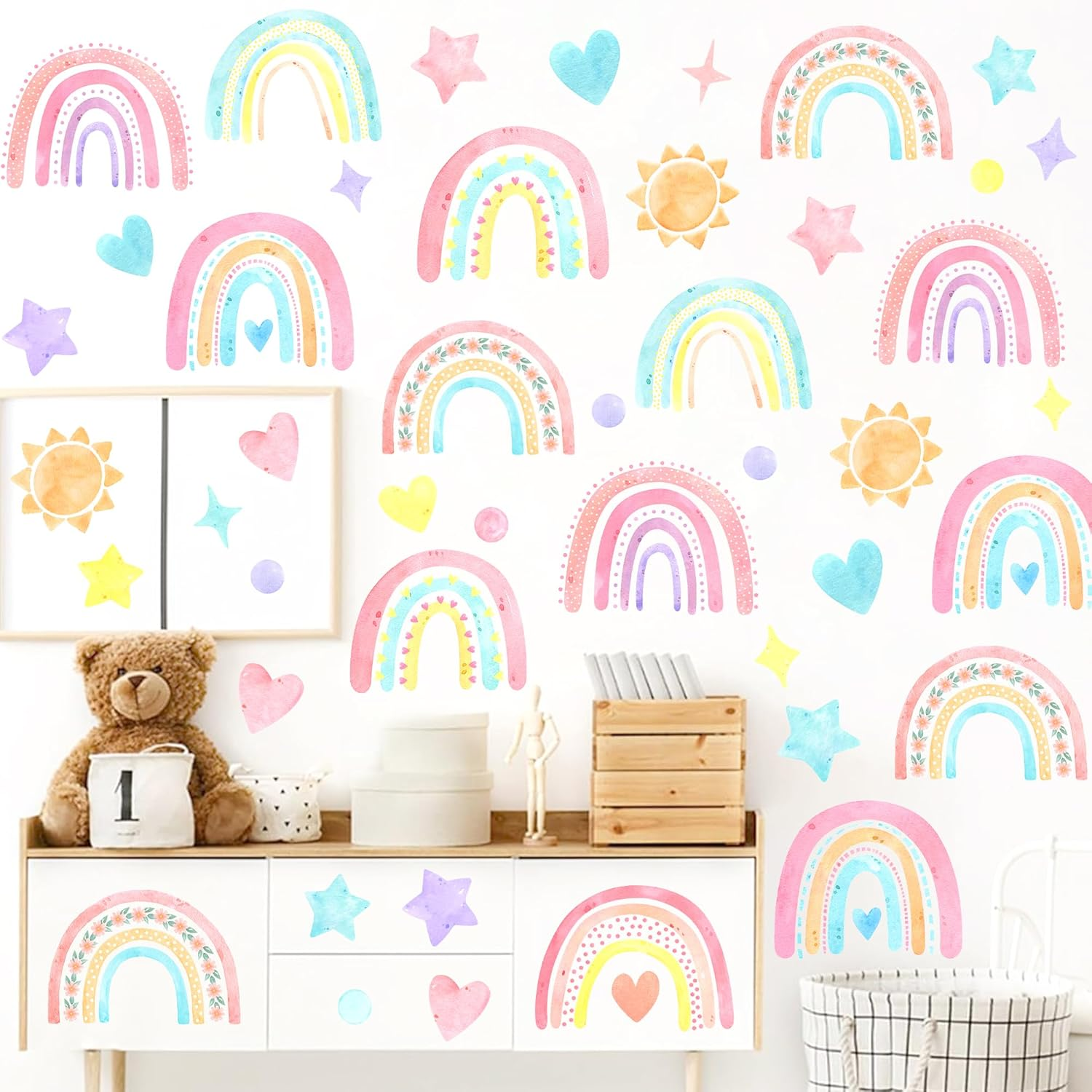 Boho Watercolor Rainbow Wall Stickers Polka Wall Decor Stickers Sun Star Heart Wall Art Stickers for Girls Bedrooms Living Room Decor Baby Nursery Home Office Sofa Decorations image number 6